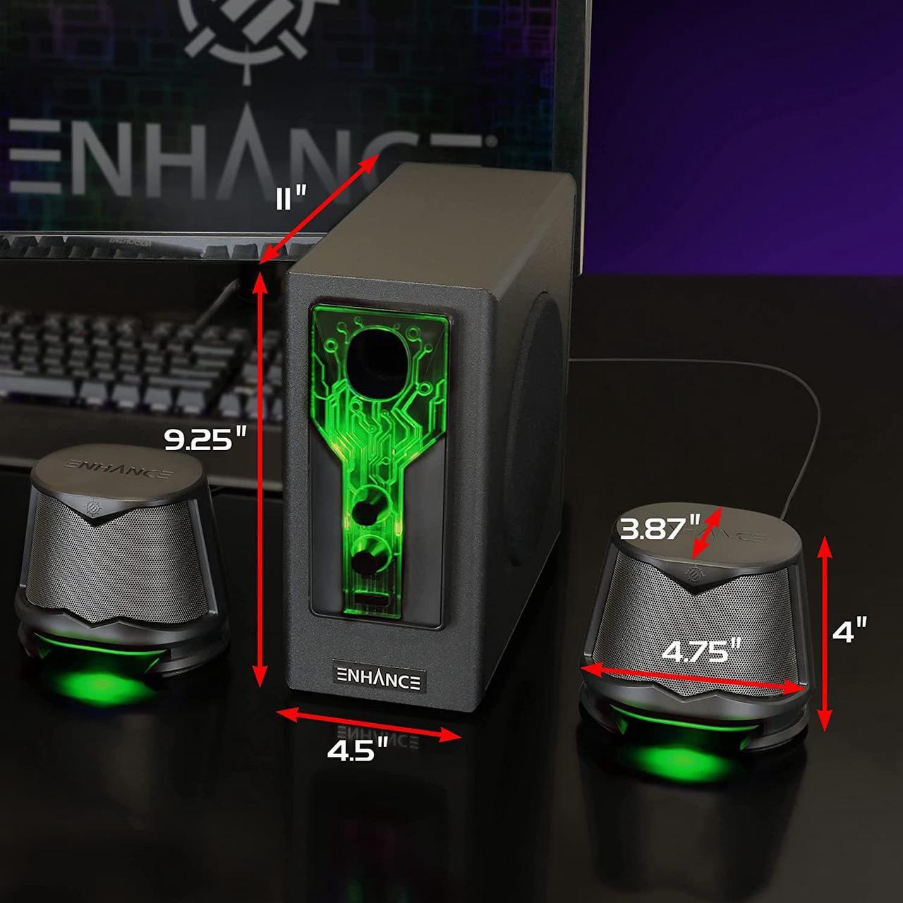 Alt view image 6 of 7 - SB 2.1 Computer Speakers with Subwoofer - Red LED Gaming Speakers, High Excursion Sound System, AC Powered & 3.5mm, Volume and Bass Control, Compatible with Gaming PC, Desktop, Laptop Green/Black