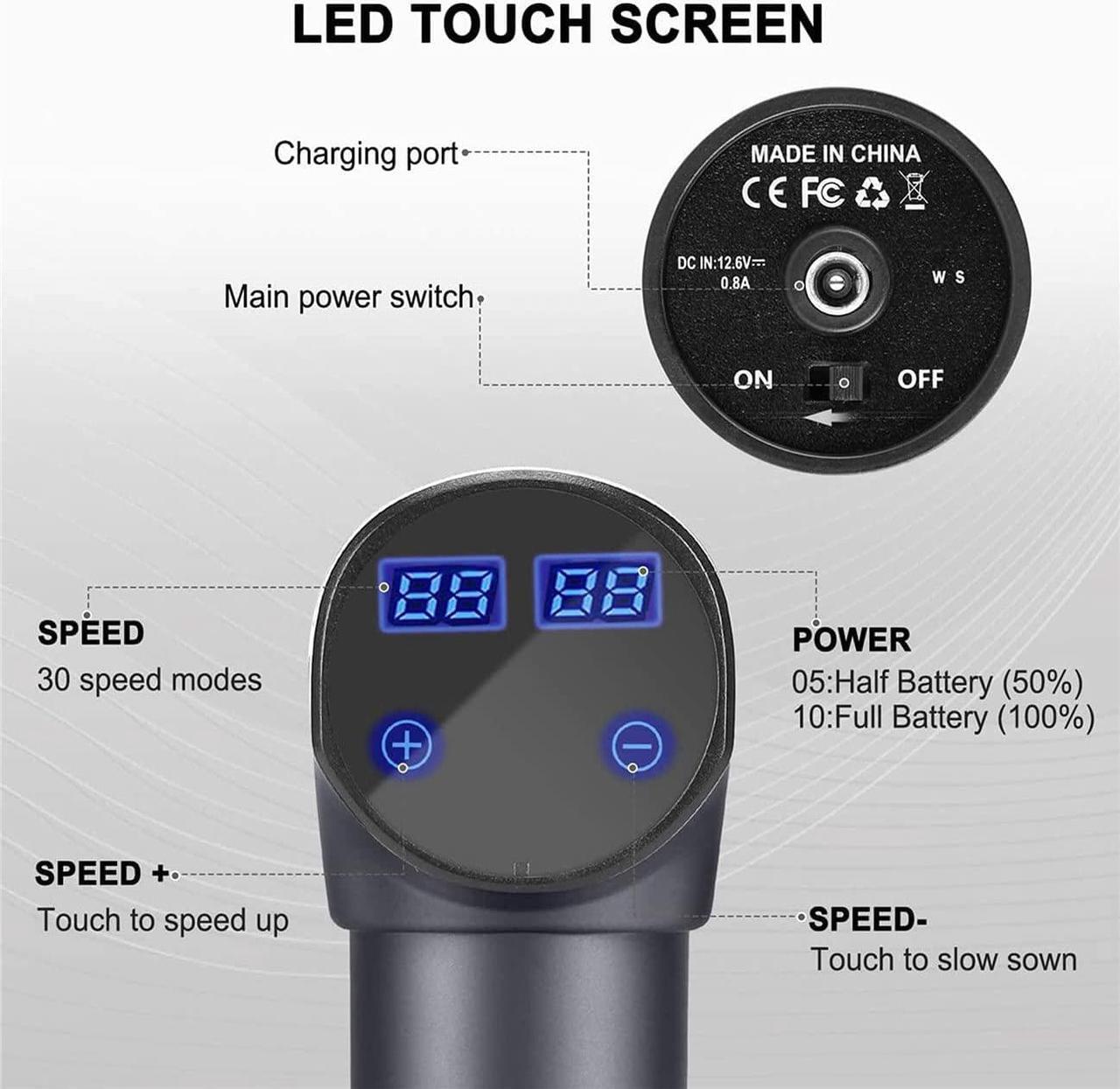 Alt view image 2 of 7 - Muscle Massage Gun, Quiet Deep Tissue Percussion Back Neck Head Hammer Massager for Athletes, 30 Speed Level, LED Touch Screen with 10 Heads