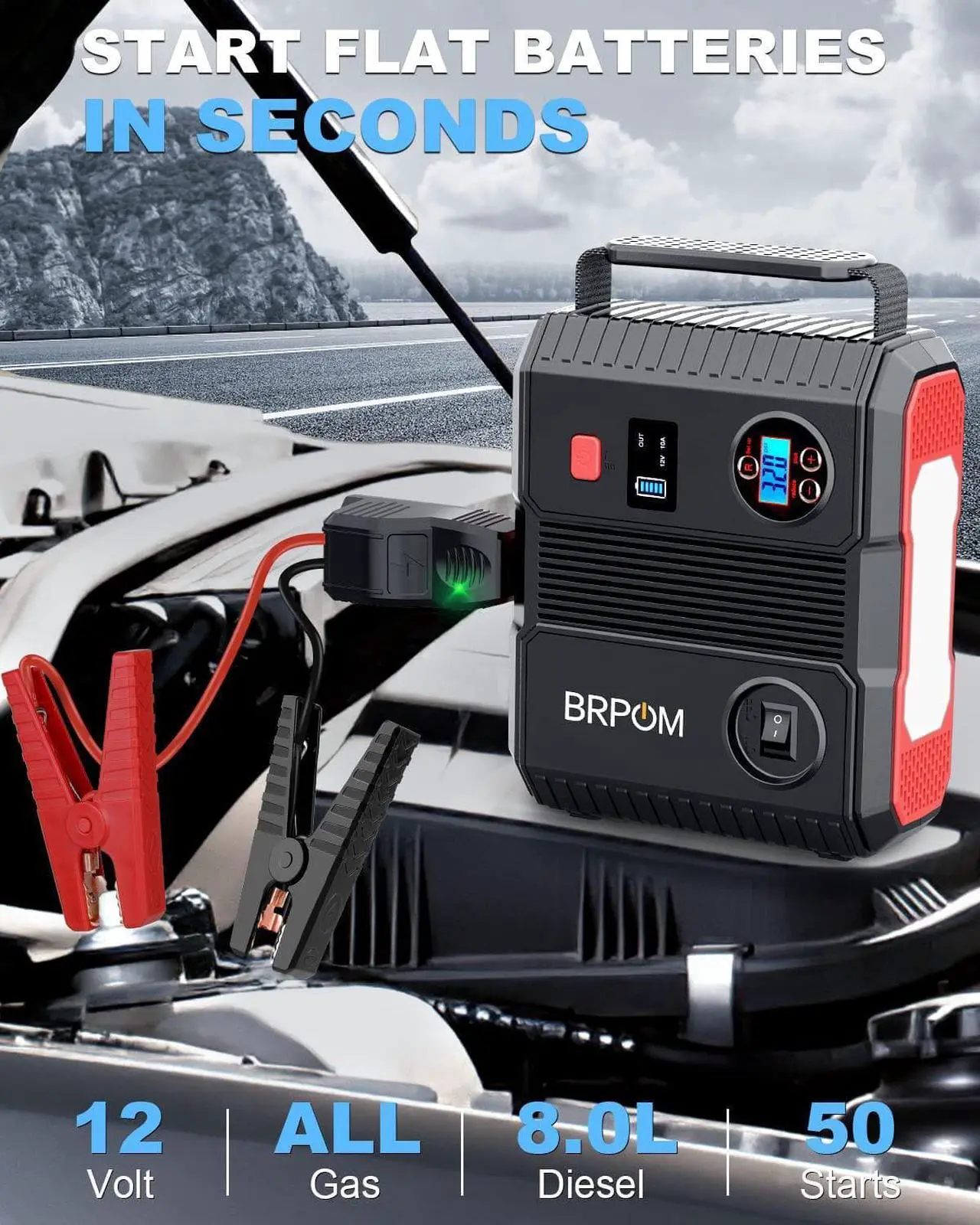 Alt view image 2 of 7 - BRPOM Car Jump Starter with Air Compressor, 150PSI 4000A Peak 24000mah (Up to All Gas or 8.0L Diesel Engine, 50 Times) Portable Jump Starter 12V Auto Battery Jump Pack QC 3.0 with 160W DC Out