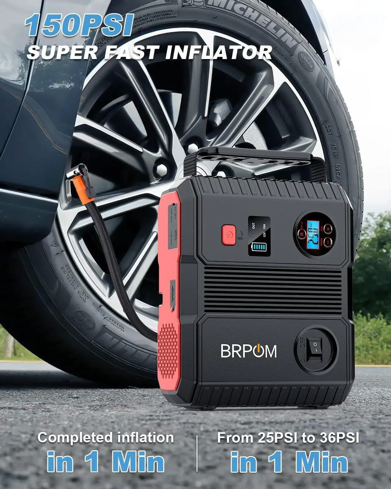 Alt view image 3 of 7 - BRPOM Car Jump Starter with Air Compressor, 150PSI 4000A Peak 24000mah (Up to All Gas or 8.0L Diesel Engine, 50 Times) Portable Jump Starter 12V Auto Battery Jump Pack QC 3.0 with 160W DC Out