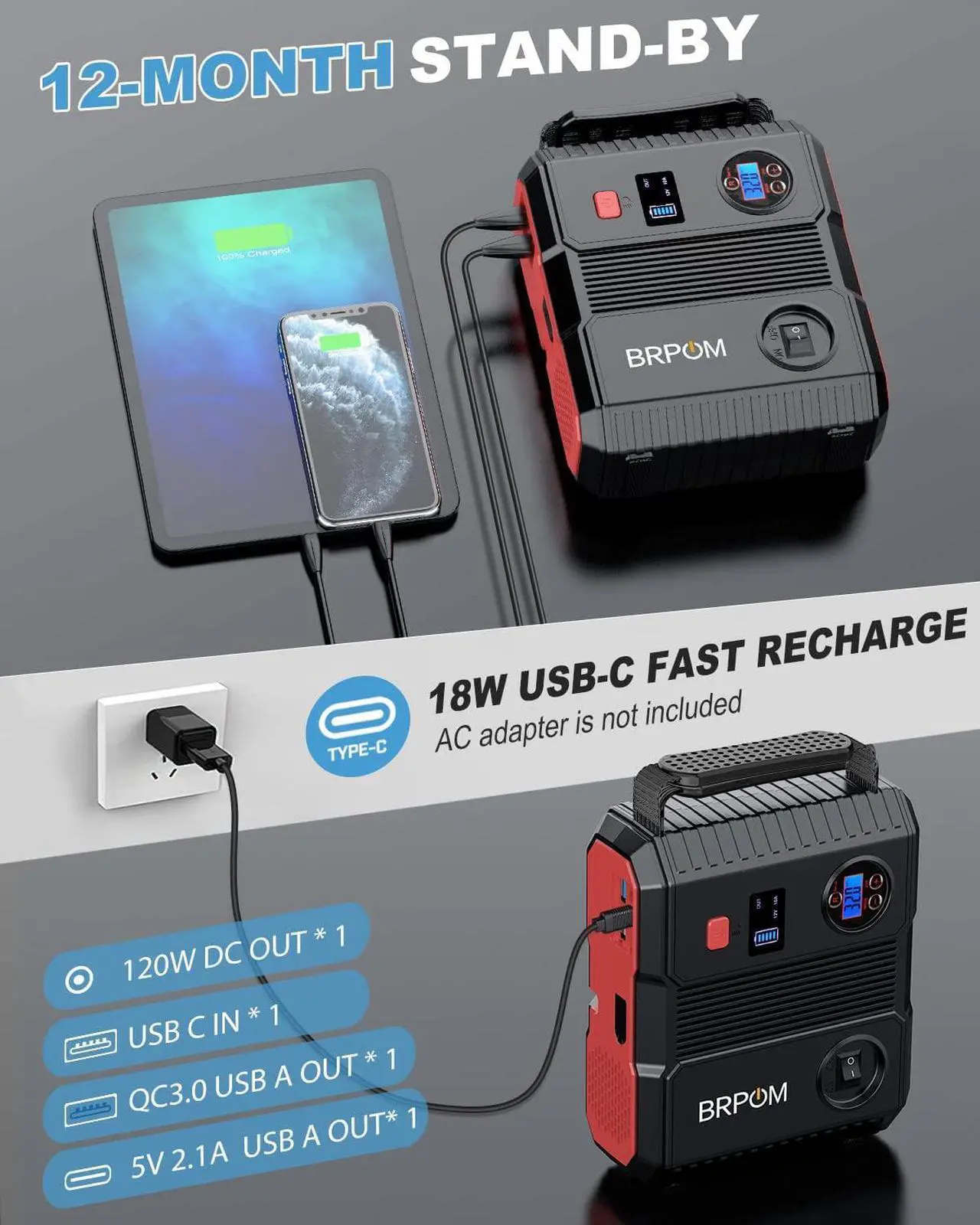 Alt view image 4 of 7 - BRPOM Car Jump Starter with Air Compressor, 150PSI 4000A Peak 24000mah (Up to All Gas or 8.0L Diesel Engine, 50 Times) Portable Jump Starter 12V Auto Battery Jump Pack QC 3.0 with 160W DC Out