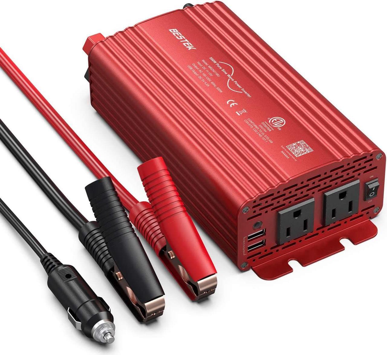 Main image of 500W Pure Sine Wave Power Inverter DC 12V to AC 110V Car Plug Inverter Adapter Power Converter with 4.2A Dual USB Charging Ports and 2 AC Outlets Car Charger, ETL Listed
