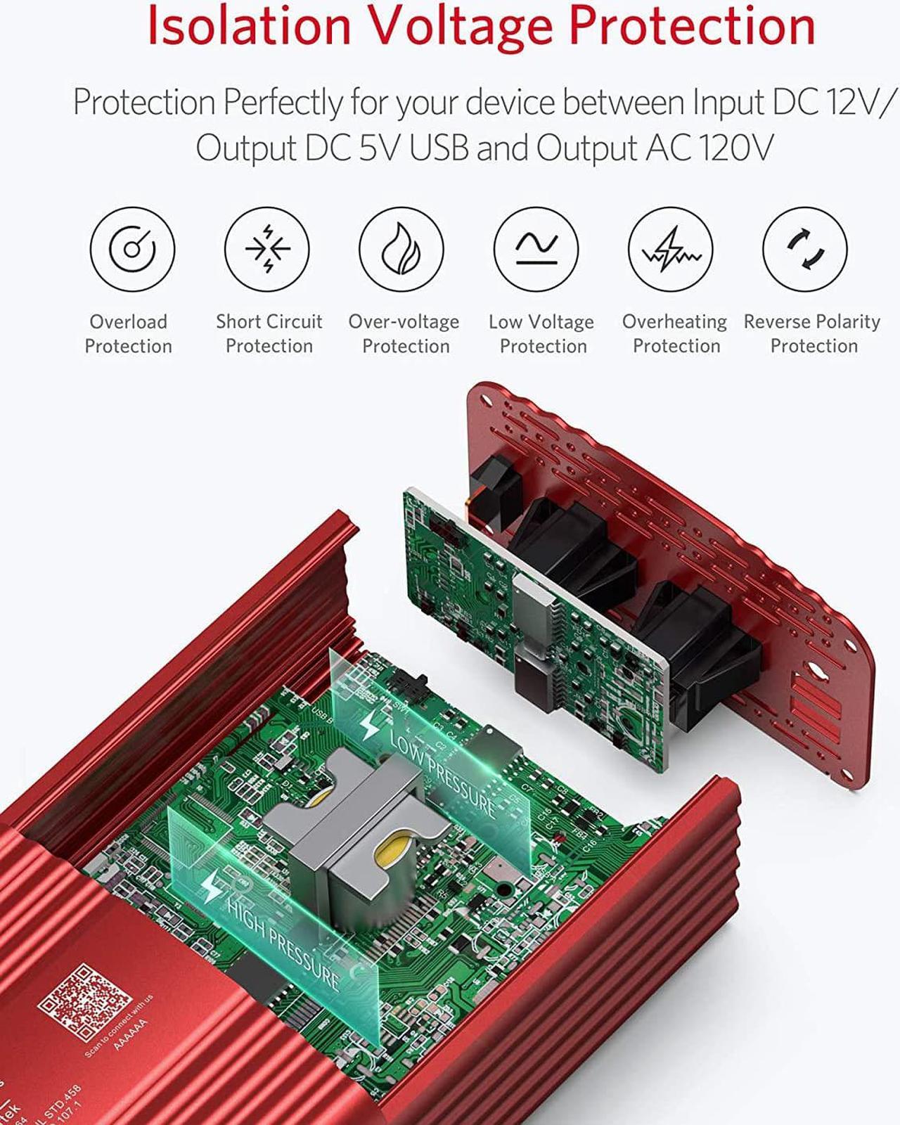 Alt view image 4 of 7 - 500W Pure Sine Wave Power Inverter DC 12V to AC 110V Car Plug Inverter Adapter Power Converter with 4.2A Dual USB Charging Ports and 2 AC Outlets Car Charger, ETL Listed