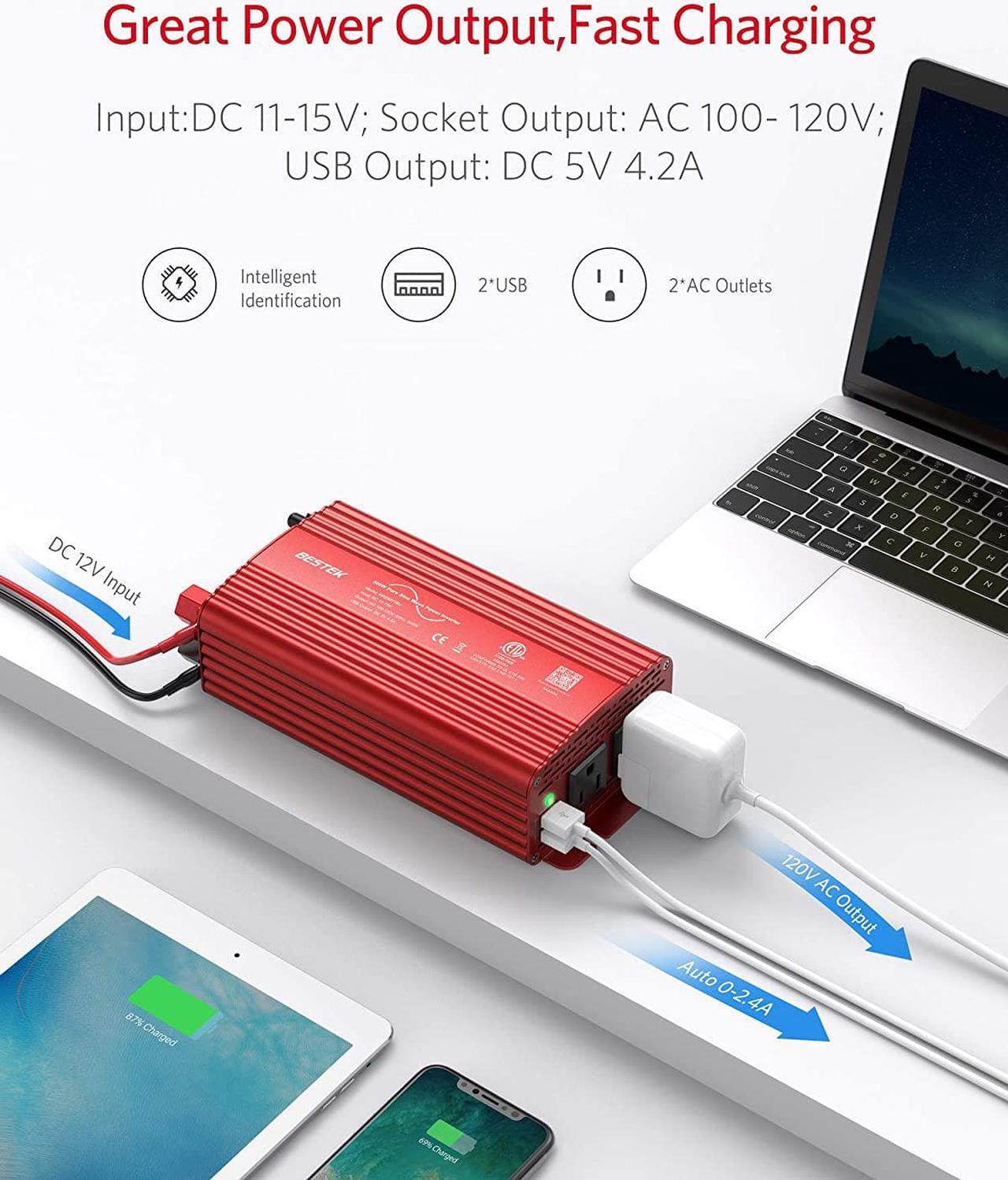 Alt view image 3 of 7 - 500W Pure Sine Wave Power Inverter DC 12V to AC 110V Car Plug Inverter Adapter Power Converter with 4.2A Dual USB Charging Ports and 2 AC Outlets Car Charger, ETL Listed