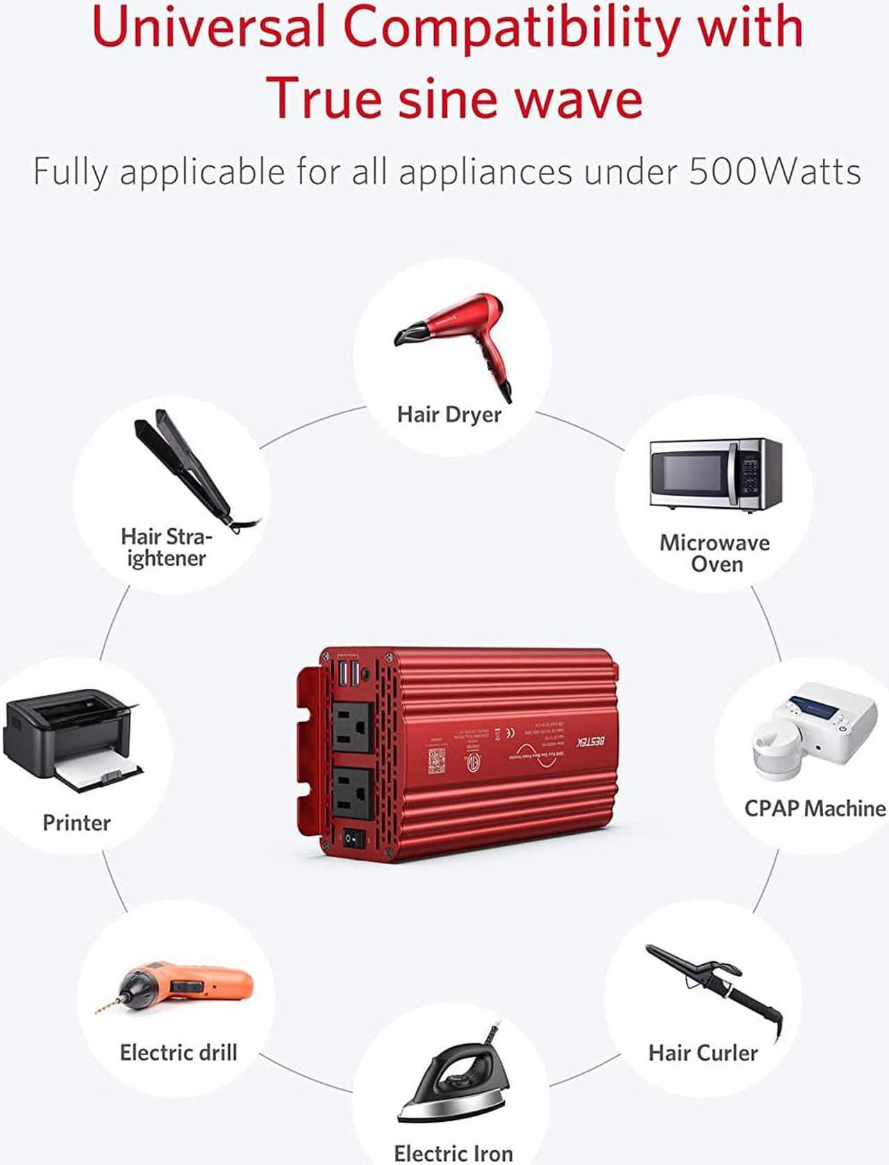 Alt view image 7 of 7 - 500W Pure Sine Wave Power Inverter DC 12V to AC 110V Car Plug Inverter Adapter Power Converter with 4.2A Dual USB Charging Ports and 2 AC Outlets Car Charger, ETL Listed