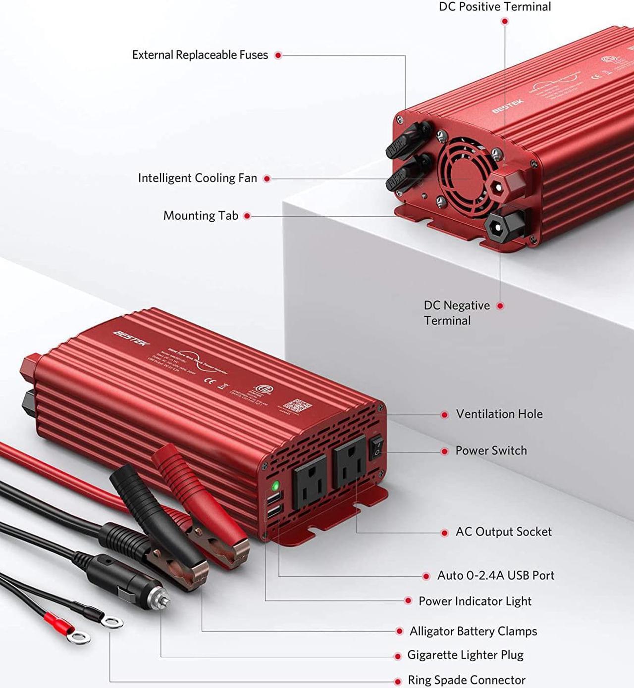 Alt view image 6 of 7 - 500W Pure Sine Wave Power Inverter DC 12V to AC 110V Car Plug Inverter Adapter Power Converter with 4.2A Dual USB Charging Ports and 2 AC Outlets Car Charger, ETL Listed