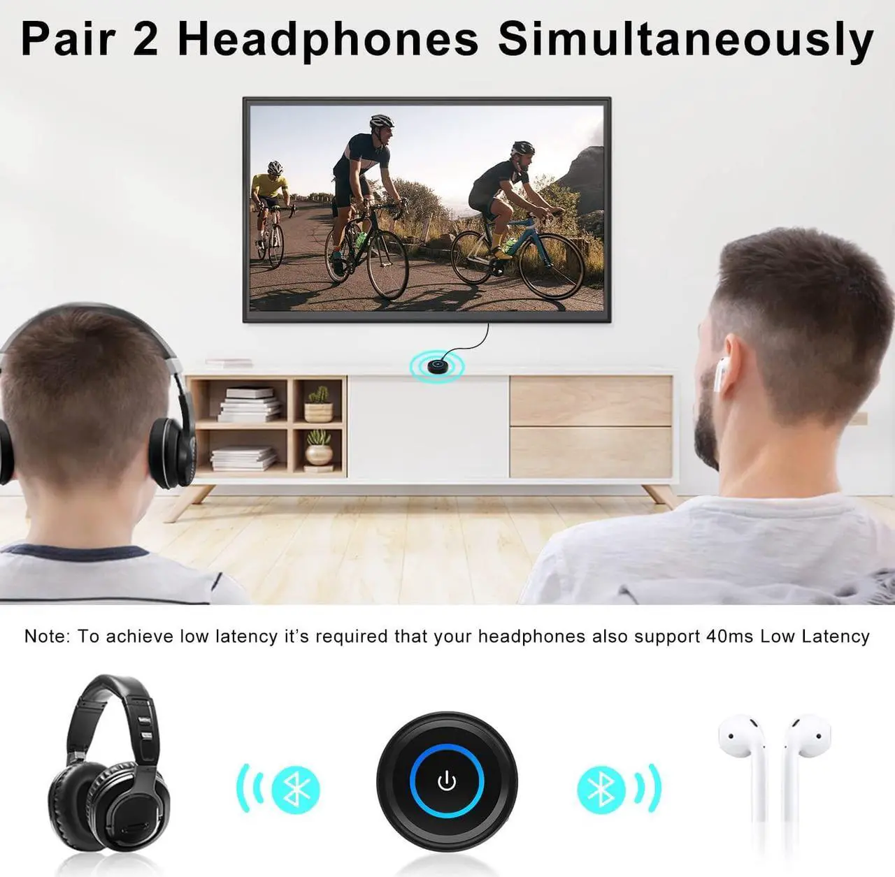 Alt view image 3 of 7 - Bluetooth 5.0 Transmitter Receiver for TV, aptX Low Latency Wireless Audio Adapter for Home Stereo PC DVD Radio Projector Xbox PS4 w/ RCA 3.5mm Aux Jack, Pair 2 Headphones Speaker, No Delay