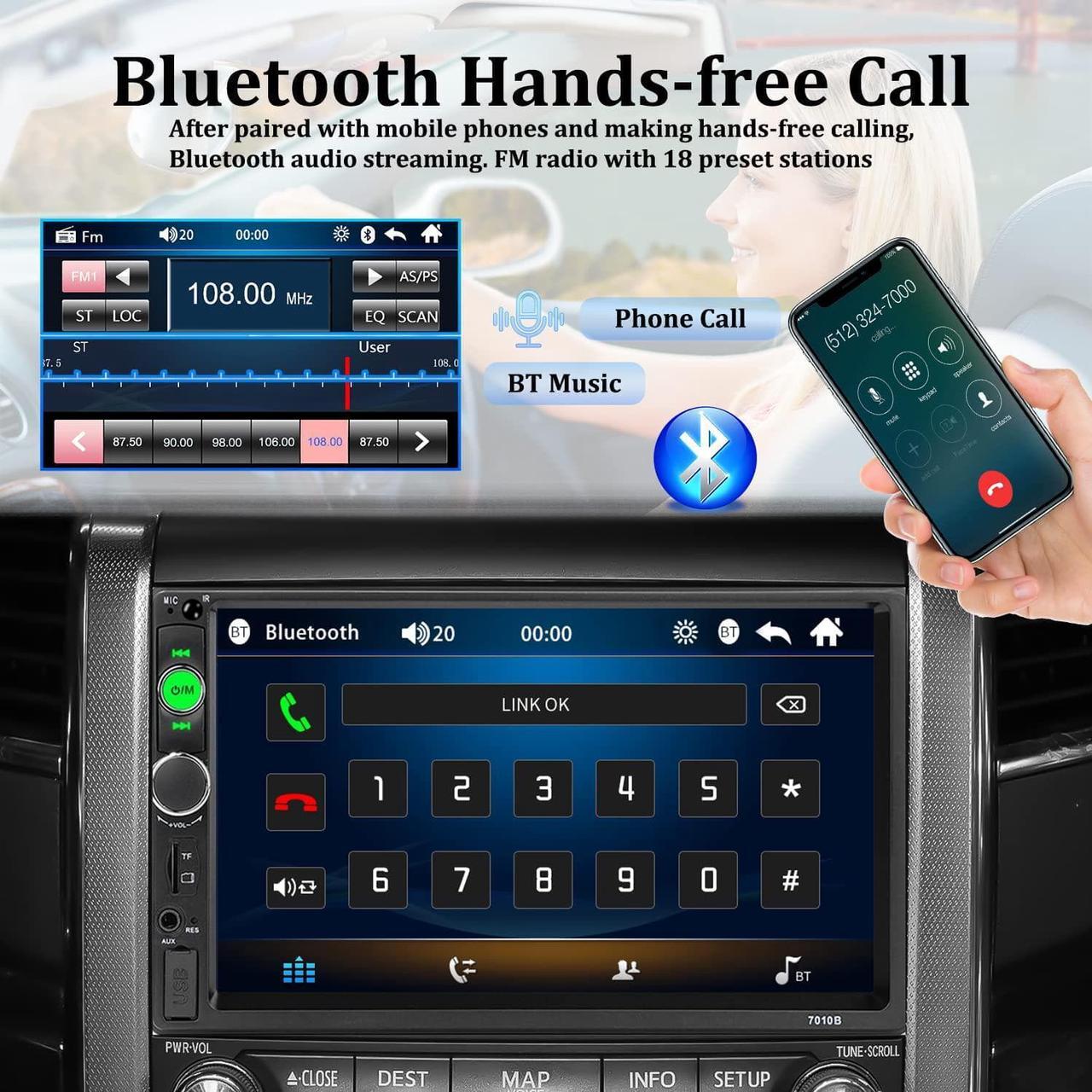 Alt view image 2 of 7 - Car Stereo Double Din Car Radio 7 Inch HD Touch Screen Bluetooth MP5 Player FM Radio Audio Receiver UNITOPSCI Multimedia Player 2 Din AUX in USB TF Card Input Mirror Link with 12 LED Backup Camera