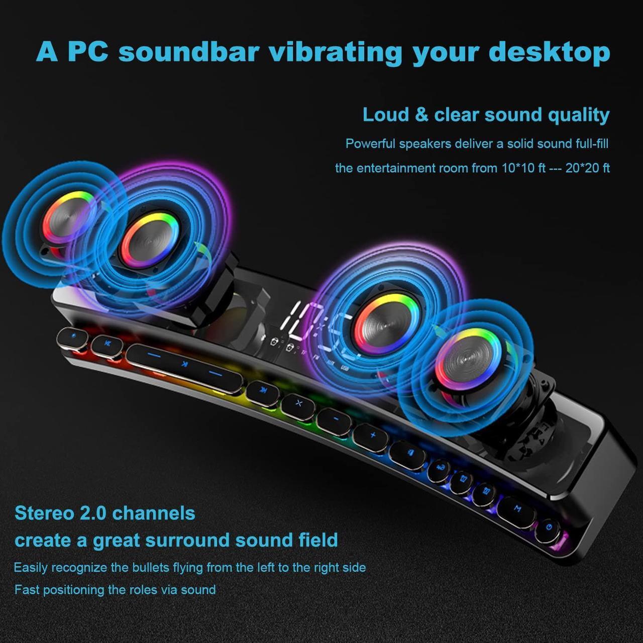 Alt view image 2 of 7 - Computer Speakers, Dynamic RGB PC Gaming Speakers Soundbar Desktop Sound Bar with Subwoofer Bluetooth, 19" PC Soundbar Battery Powered Laptop, Gaming Monitor 3.5mm AUX-in