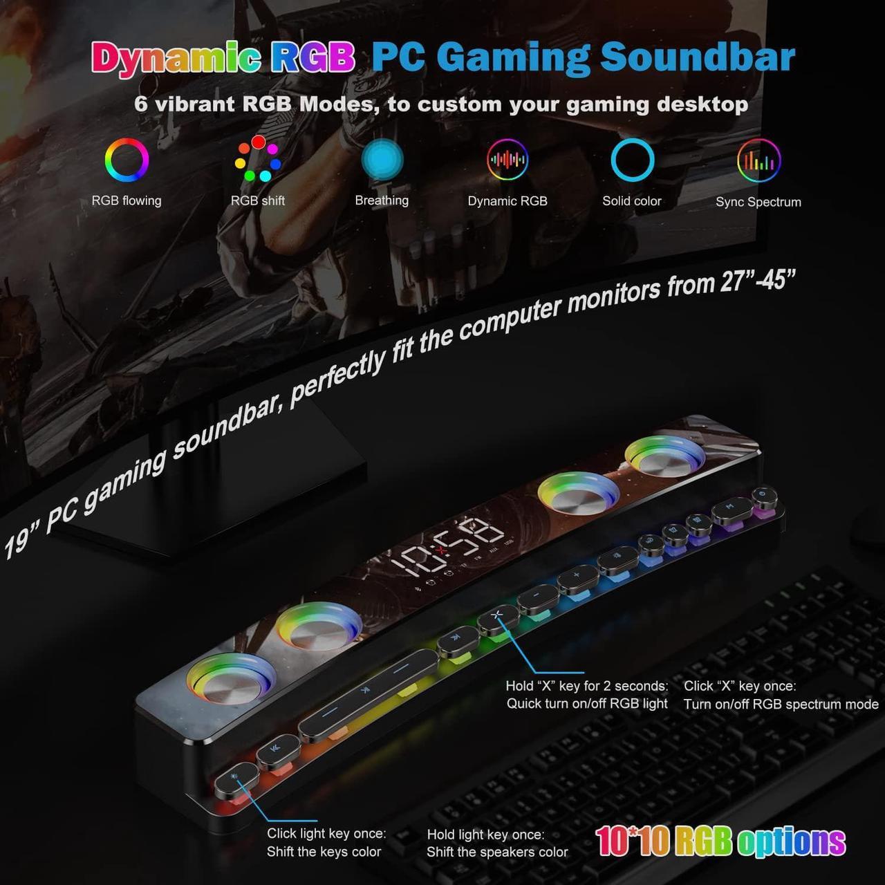 Alt view image 3 of 7 - Computer Speakers, Dynamic RGB PC Gaming Speakers Soundbar Desktop Sound Bar with Subwoofer Bluetooth, 19" PC Soundbar Battery Powered Laptop, Gaming Monitor 3.5mm AUX-in