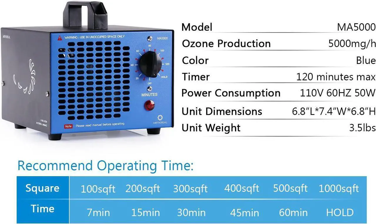 Alt view image 7 of 7 - AIRTHEREAL MA5000 Commercial Ozone Generator, 5000mg/h O3 Machine Home Air Ionizers Deodorizer for Rooms, Smoke, Cars and Pets, Blue