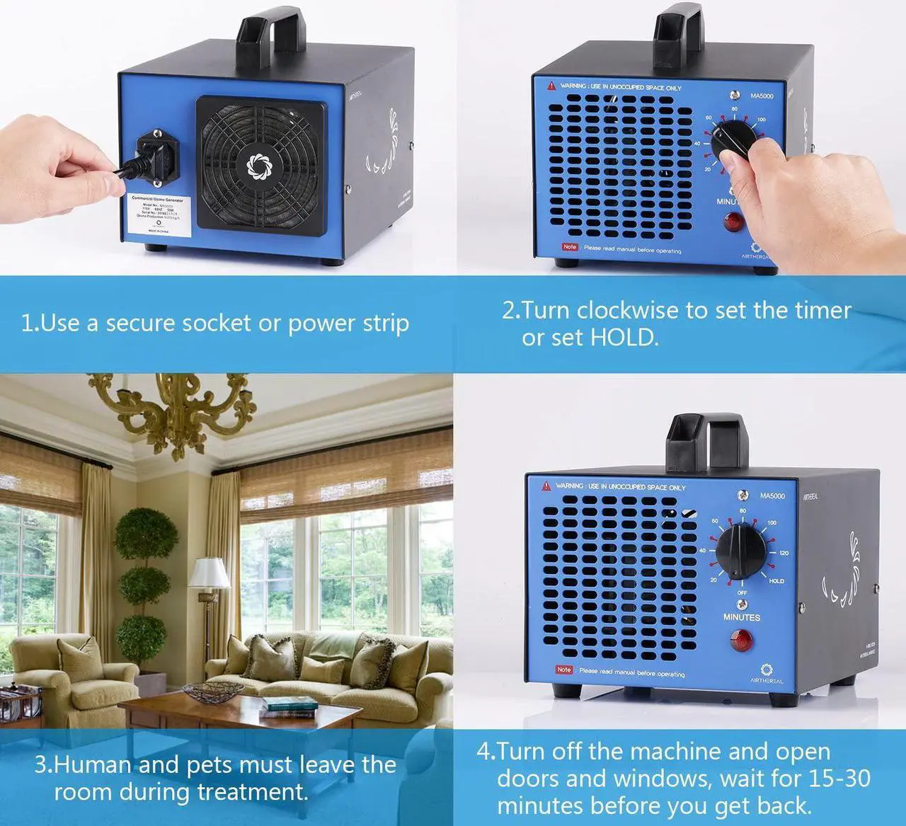 Alt view image 5 of 7 - AIRTHEREAL MA5000 Commercial Ozone Generator, 5000mg/h O3 Machine Home Air Ionizers Deodorizer for Rooms, Smoke, Cars and Pets, Blue