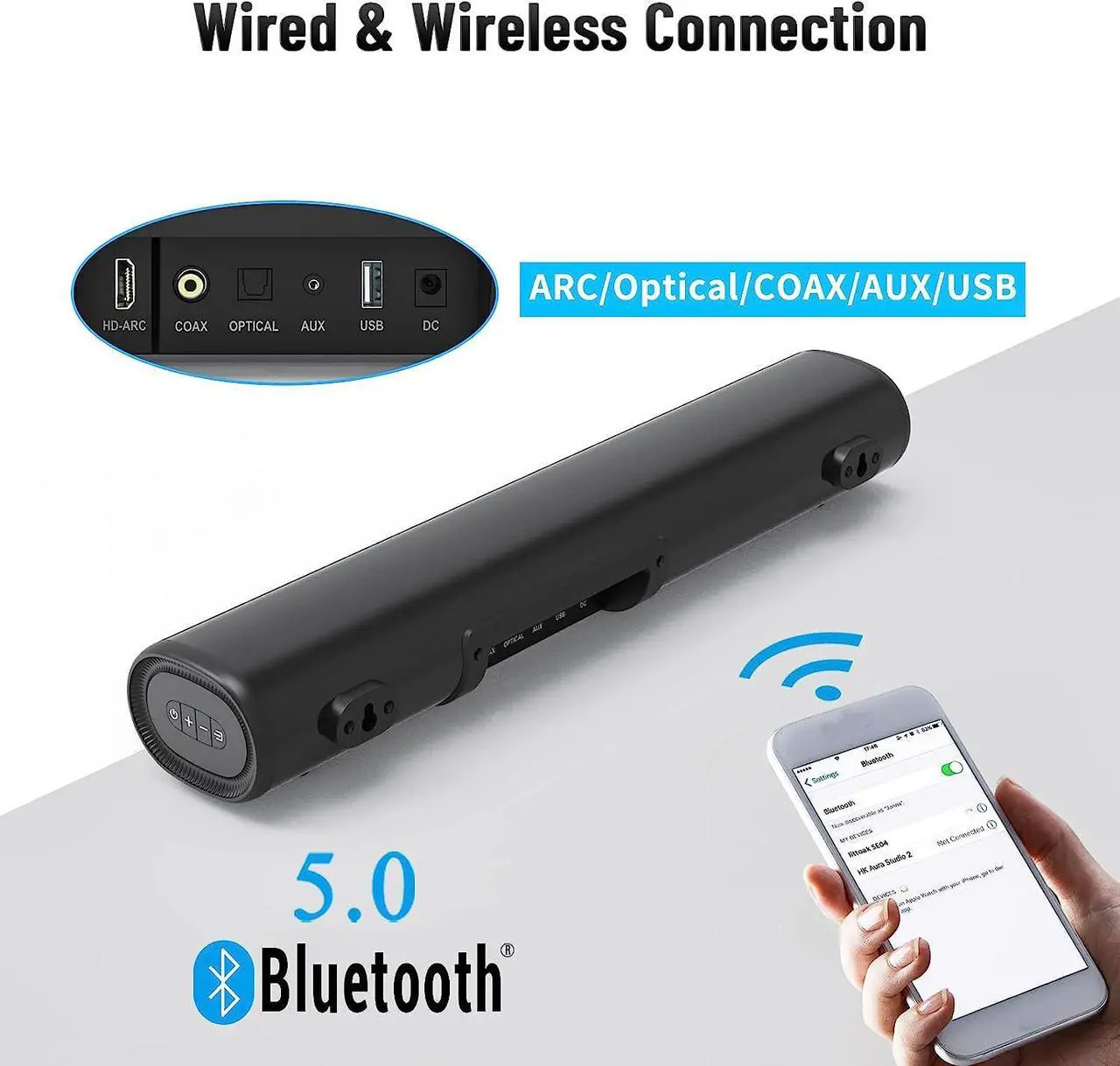 Alt view image 3 of 7 - Small Sound Bar for TV, Soundbar with Bluetooth 5.0/HDMI/Optical/USB/AUX/Coax Connection, 50 Watt 16 Inch Soundbars for Home Theater, Wall Mountable (SE04)