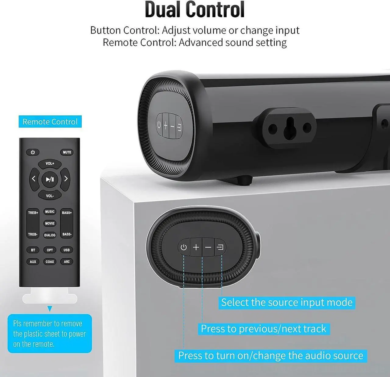 Alt view image 5 of 7 - Small Sound Bar for TV, Soundbar with Bluetooth 5.0/HDMI/Optical/USB/AUX/Coax Connection, 50 Watt 16 Inch Soundbars for Home Theater, Wall Mountable (SE04)
