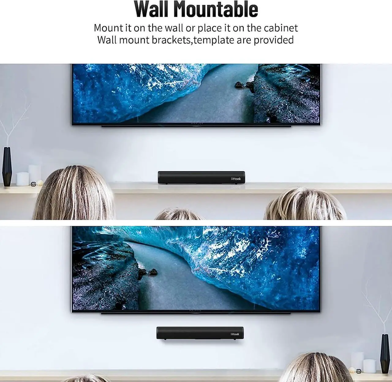 Alt view image 6 of 7 - Small Sound Bar for TV, Soundbar with Bluetooth 5.0/HDMI/Optical/USB/AUX/Coax Connection, 50 Watt 16 Inch Soundbars for Home Theater, Wall Mountable (SE04)