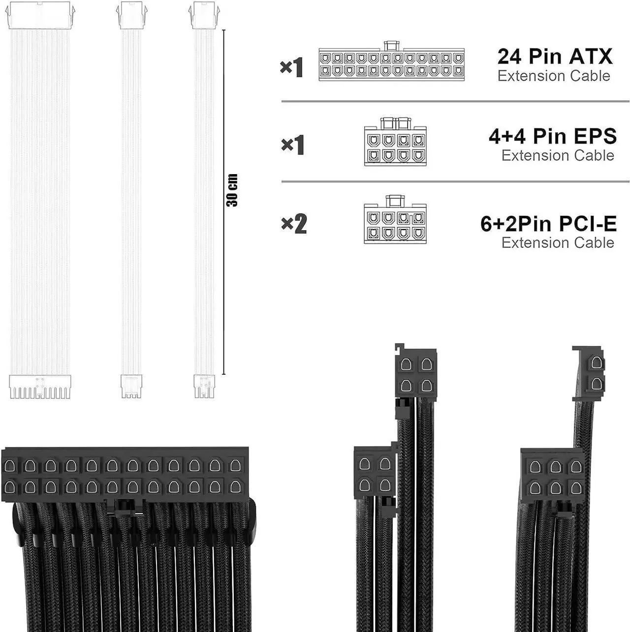 Alt view image 3 of 7 - PSU Cable Extension Kit 30CM Length with Cable Combs 1x24Pin/1x8Pin(4+4) EPS/2x8Pin(6P+2P) PCI-E/PC Sleeved Cable for ATX Power Supply