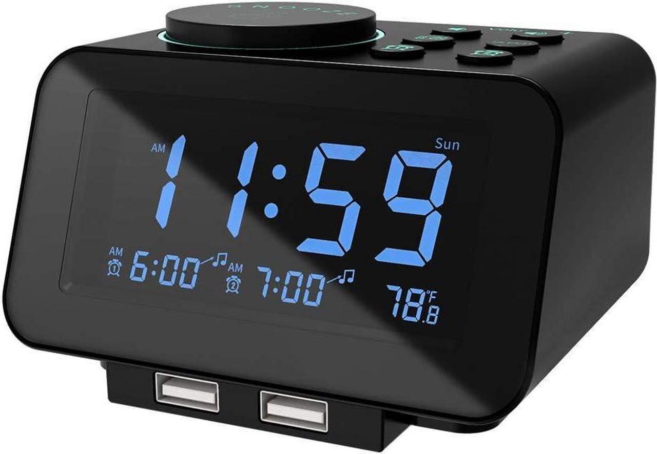 Digital Alarm Clock Radio - 0-100% Dimmer, Dual Alarm with Weekday/Weekend Mode, 6 Sounds Adjustable Volume, FM Radio w/Sleep Timer, Snooze, 2 USB Charging Ports, Thermometer, Battery Backup