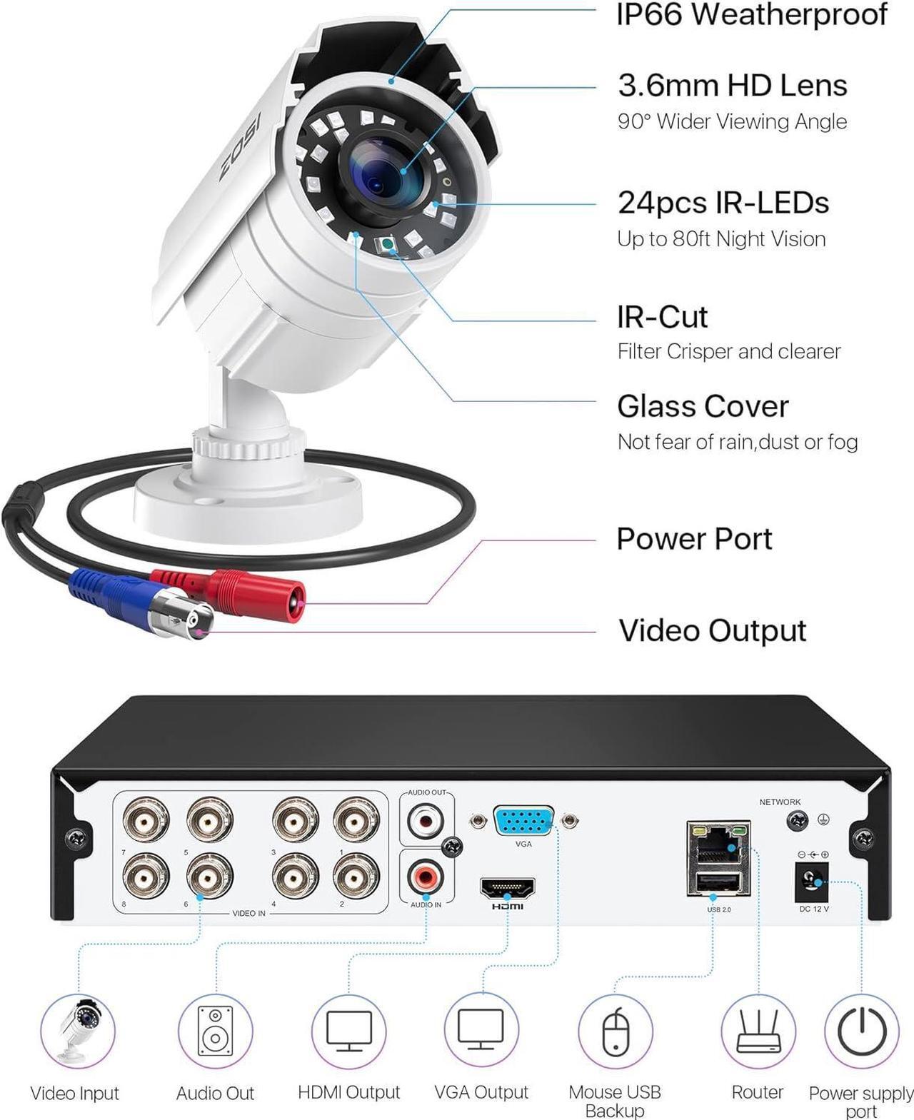 Alt view image 7 of 7 - ZOSI H.265+ Full 1080p Home Security Camera System Outdoor Indoor, 5MP-Lite CCTV DVR 8 Channel with Hard Drive 1TB and 4 x 1080p Weatherproof Surveillance Camera with 80ft Night Vision, Motion Alerts