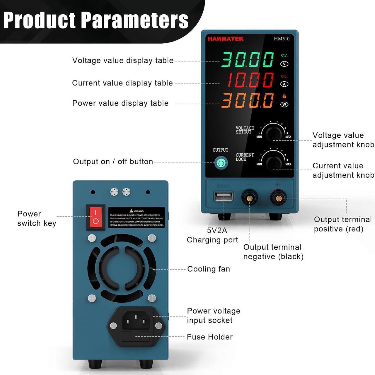 Alt view image 3 of 7 - Adjustable DC Power Supply (0-30 V 0-10 A) with Output Enable/Disable Button HANMATEK HM310 Mini Variable Switching Digital Bench Power Supply with USB Charging