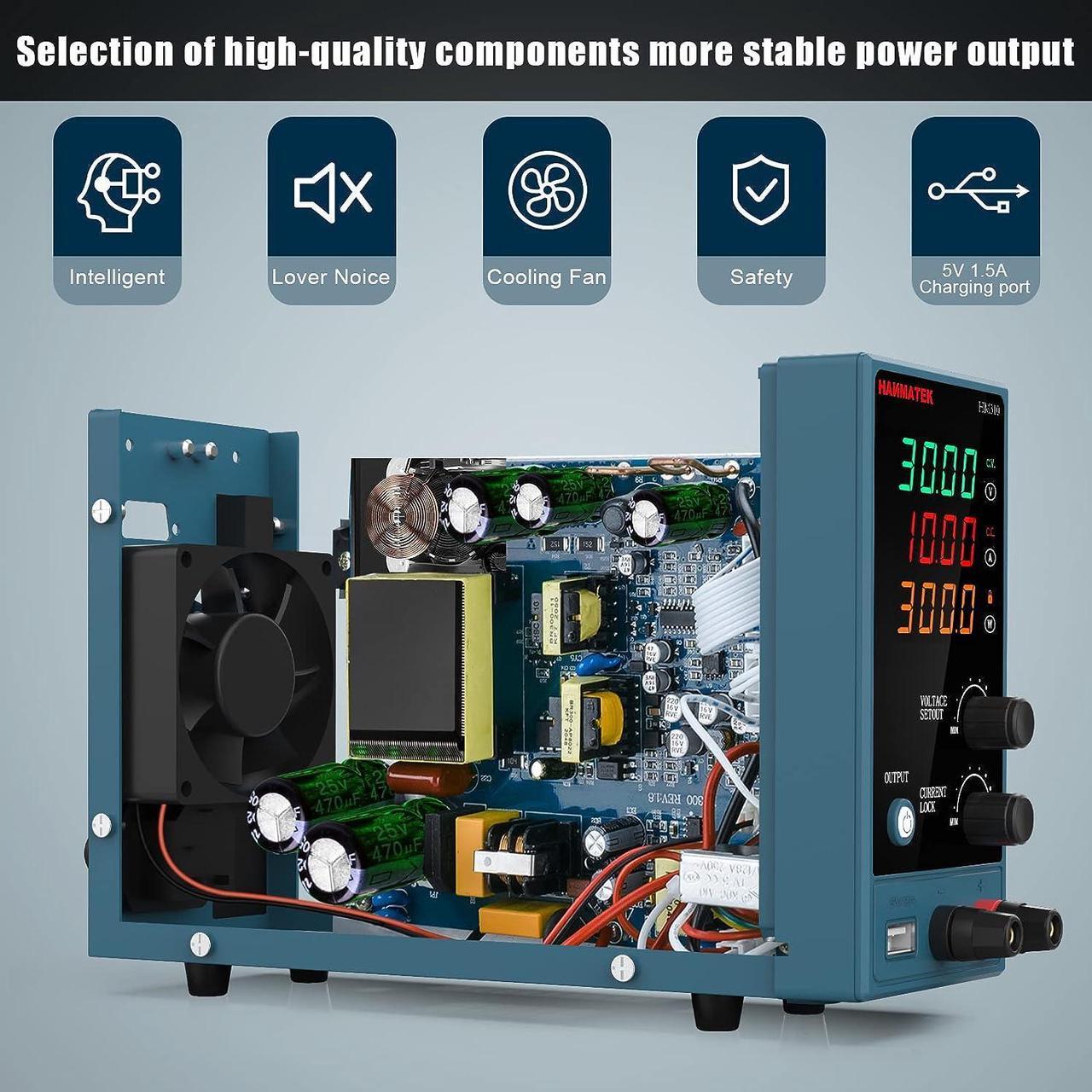 Alt view image 6 of 7 - Adjustable DC Power Supply (0-30 V 0-10 A) with Output Enable/Disable Button HANMATEK HM310 Mini Variable Switching Digital Bench Power Supply with USB Charging