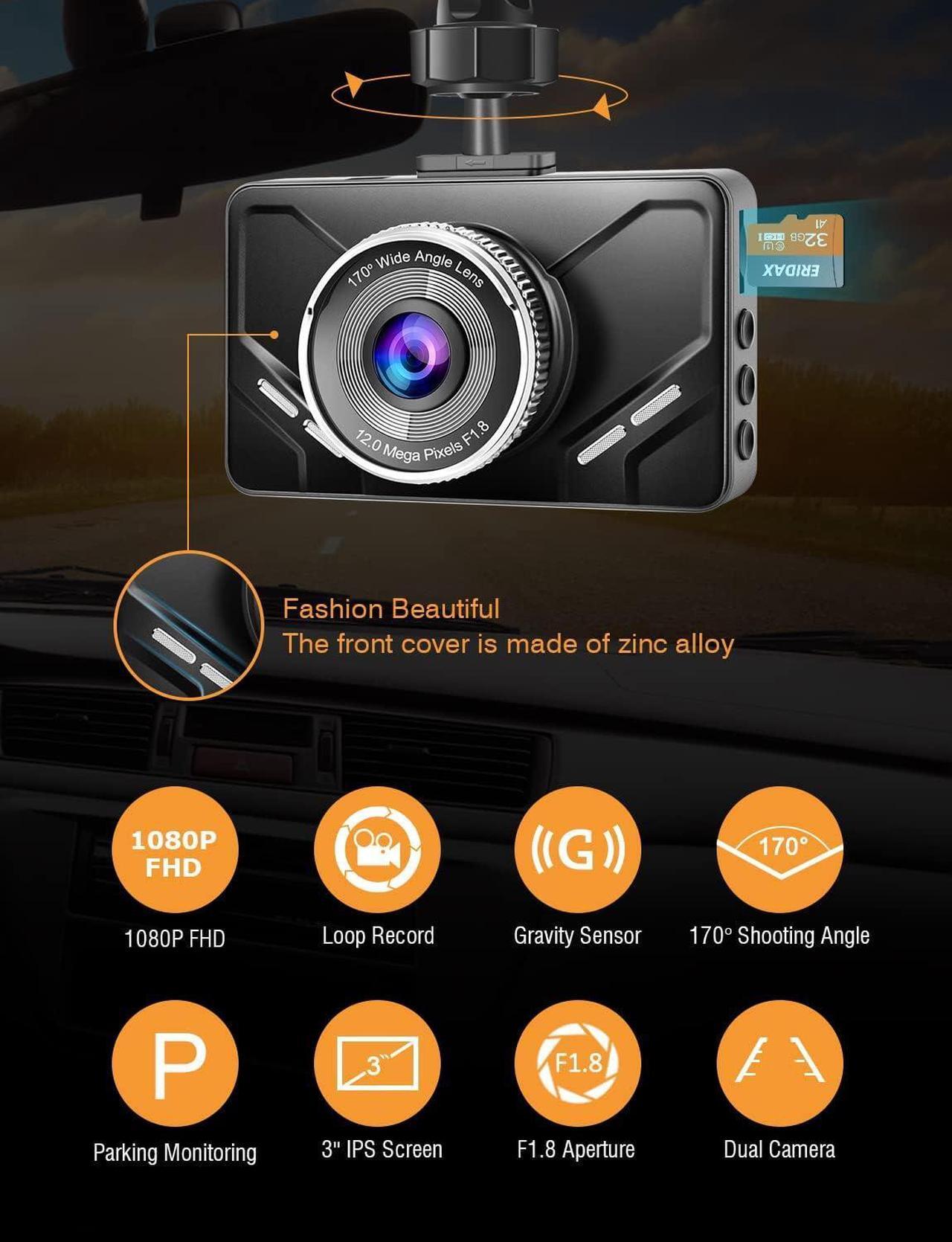Alt view image 2 of 7 - Dash Cam Front and Rear with 32G SD Card,2022 Newest 1080P FHD Dual Dash Camera for Cars 3'' IPS Screen,Night Vision,170°Wide Angle,Zinc Alloy Front Cover,WDR,G-Sensor,24H Parking Monitor,Loop Record