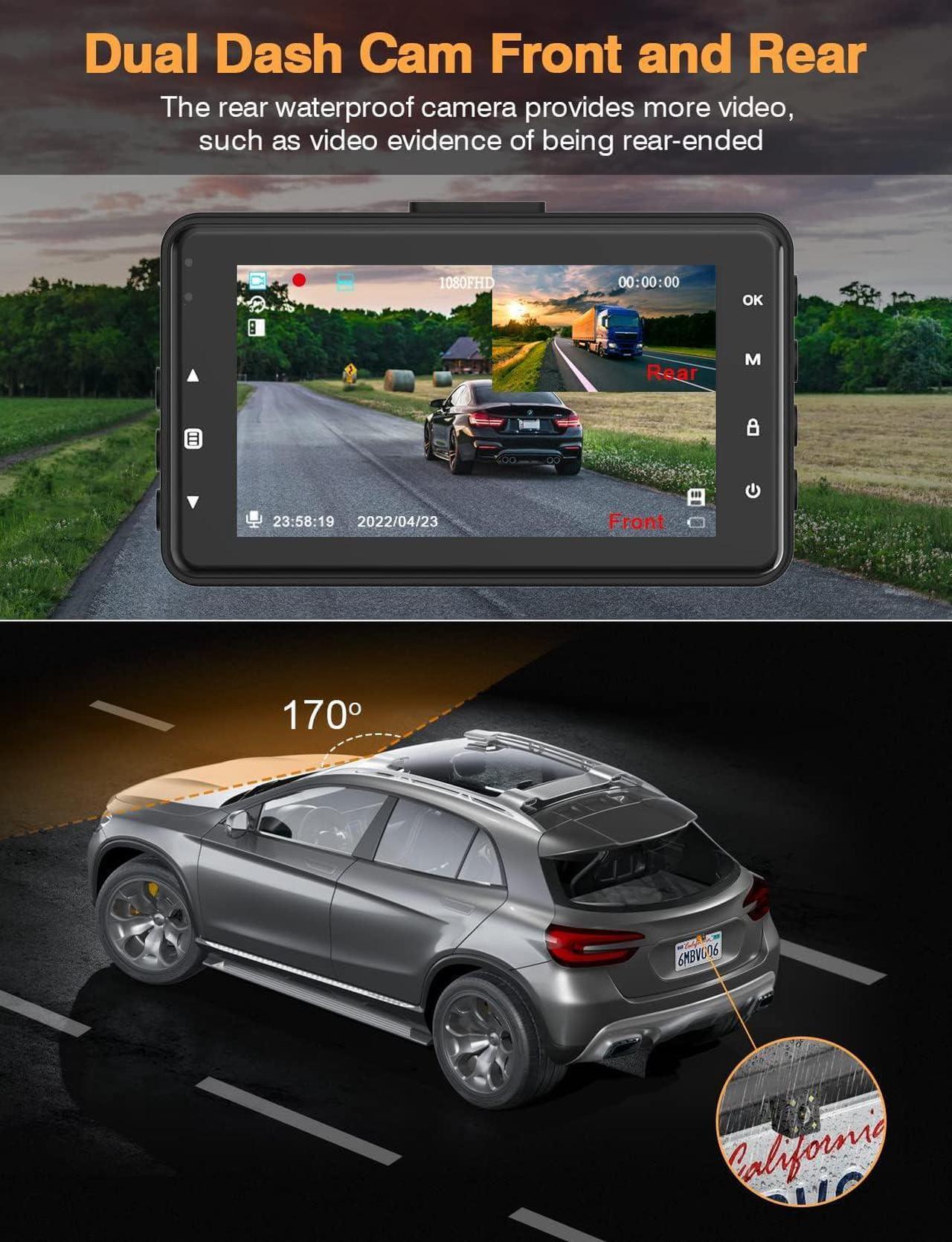 Alt view image 4 of 7 - Dash Cam Front and Rear with 32G SD Card,2022 Newest 1080P FHD Dual Dash Camera for Cars 3'' IPS Screen,Night Vision,170°Wide Angle,Zinc Alloy Front Cover,WDR,G-Sensor,24H Parking Monitor,Loop Record