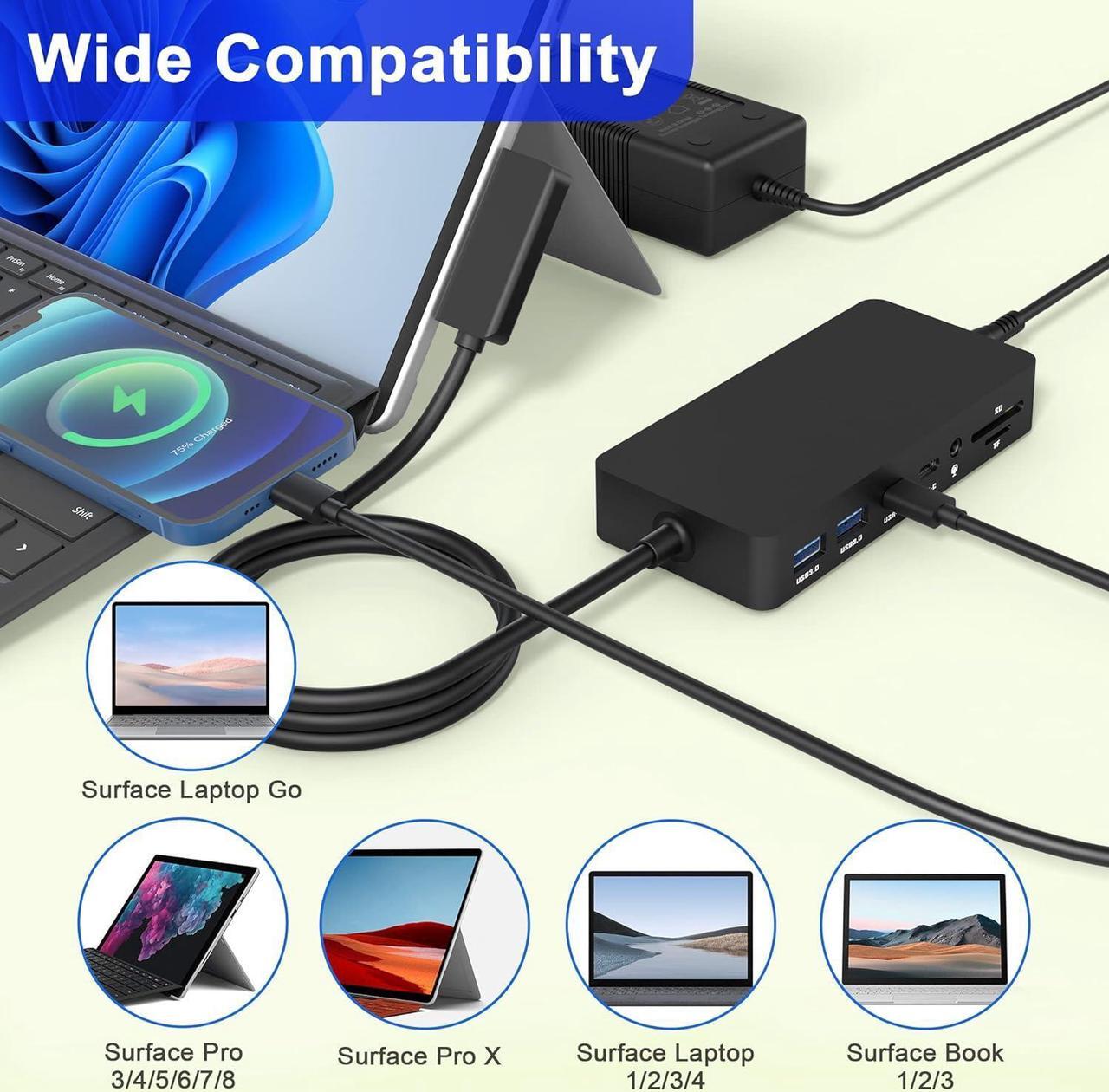 Alt view image 4 of 7 - Surface Dock, Surface Docking Station, 12-in-1 Triple Display (2 HDMI 4K+VGA) Microsoft Surface Dock for Surface Pro 9/8/X/7/6/5/4/3, Surface Book 3/2, Surface Book, Surface Laptop go/5/4/3/2/1