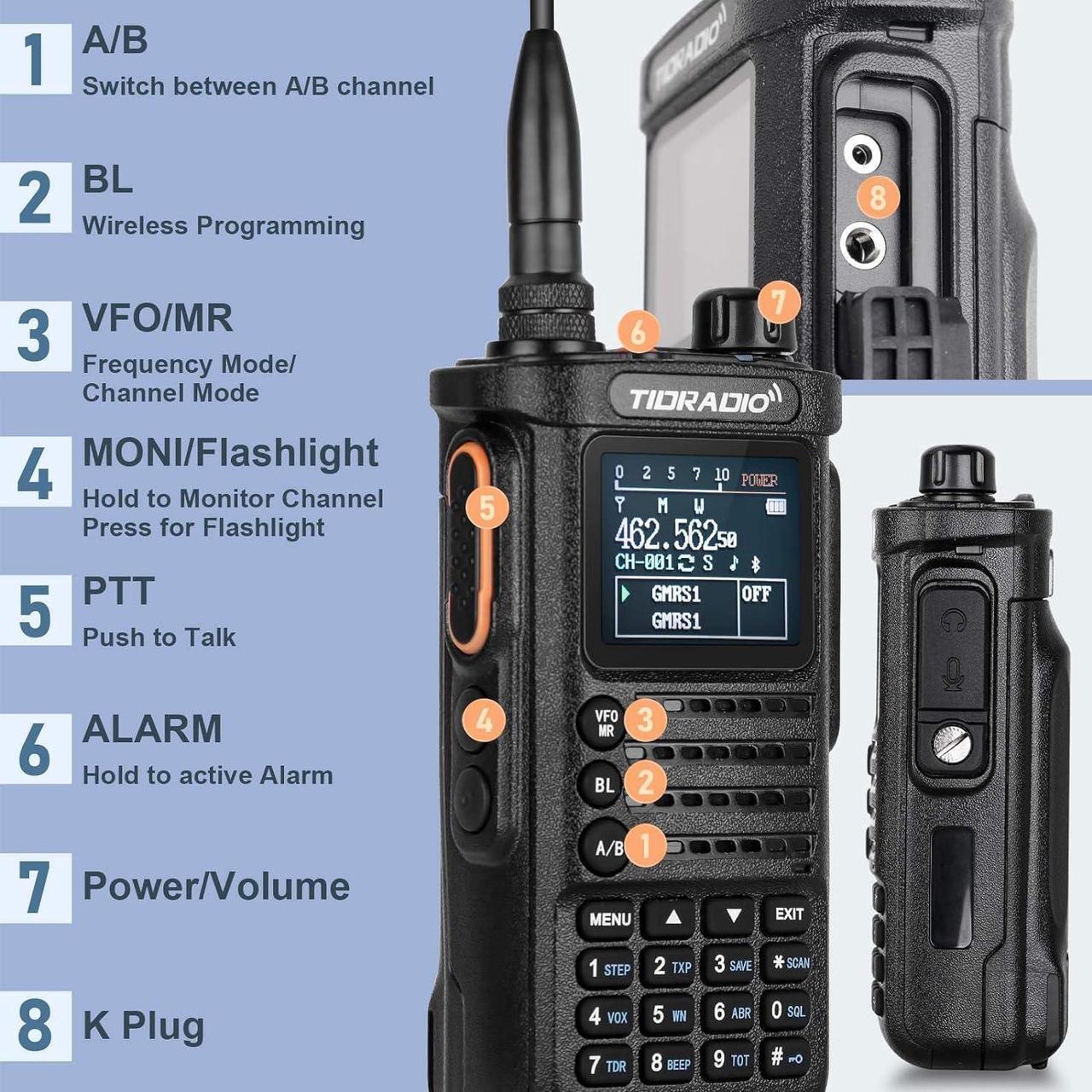Alt view image 5 of 7 - (2nd Gen) TIDRADIO TD-H8 GMRS Radio Two Way Radio,APP Programmable,GMRS Repeater Capable,Support Chirp,Long Range Walkie Talkies with 2pcs 2500mAh Battery, MIC Speaker and 771 Long Antenna