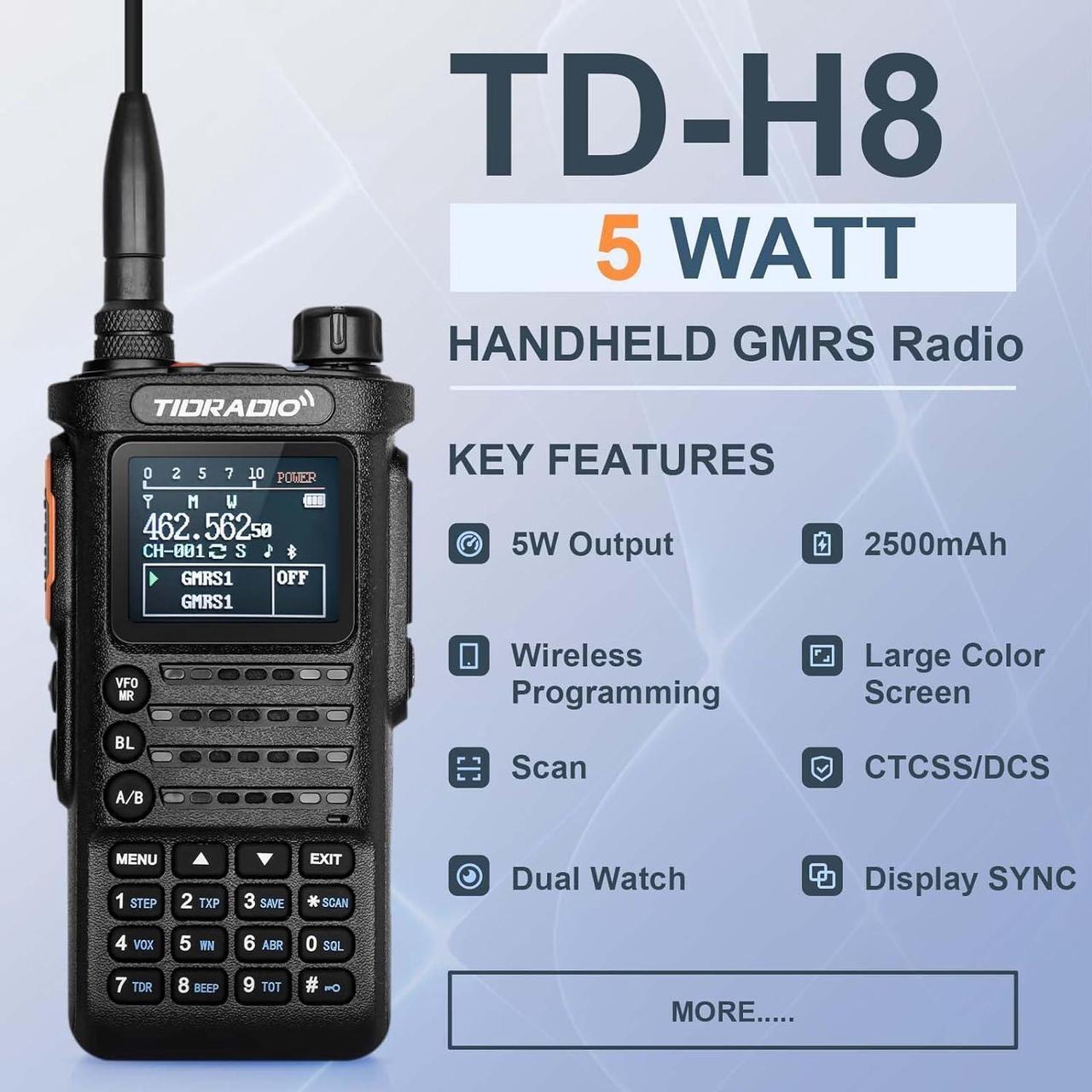 Alt view image 6 of 7 - (2nd Gen) TIDRADIO TD-H8 GMRS Radio Two Way Radio,APP Programmable,GMRS Repeater Capable,Support Chirp,Long Range Walkie Talkies with 2pcs 2500mAh Battery, MIC Speaker and 771 Long Antenna