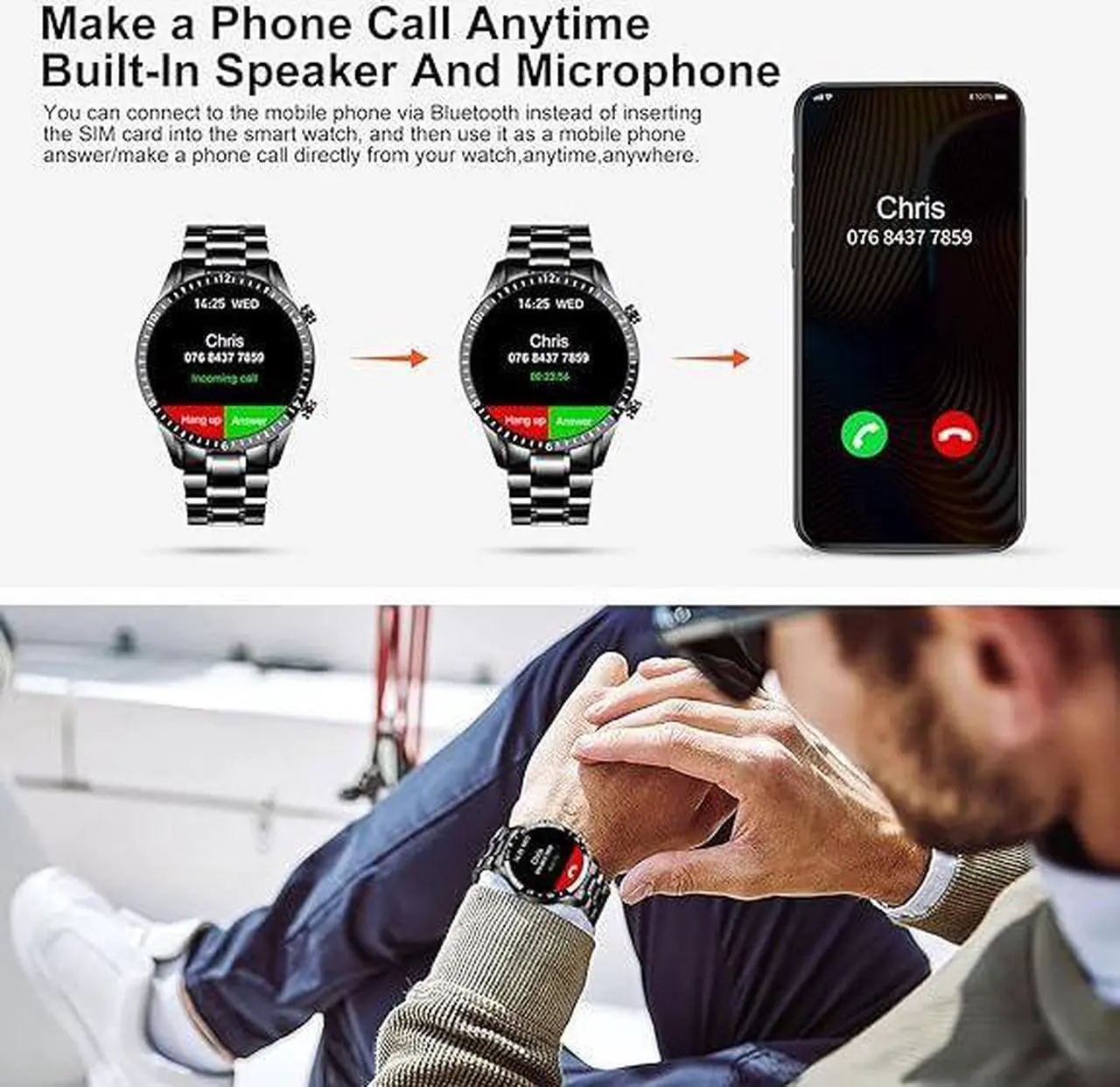 Alt view image 2 of 6 - Men Smart Watch for Android iOS, Bluetooth Calls Voice Chat with Heart Rate/Sleep Monitor Fitness Tracker, 1.3" Full Touch Screen IP67 Waterproof Stainless Steel Activity Tracker for Men