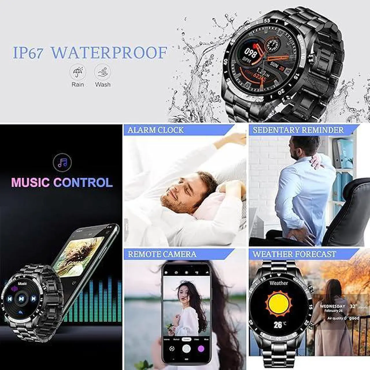 Alt view image 3 of 6 - Men Smart Watch for Android iOS, Bluetooth Calls Voice Chat with Heart Rate/Sleep Monitor Fitness Tracker, 1.3" Full Touch Screen IP67 Waterproof Stainless Steel Activity Tracker for Men