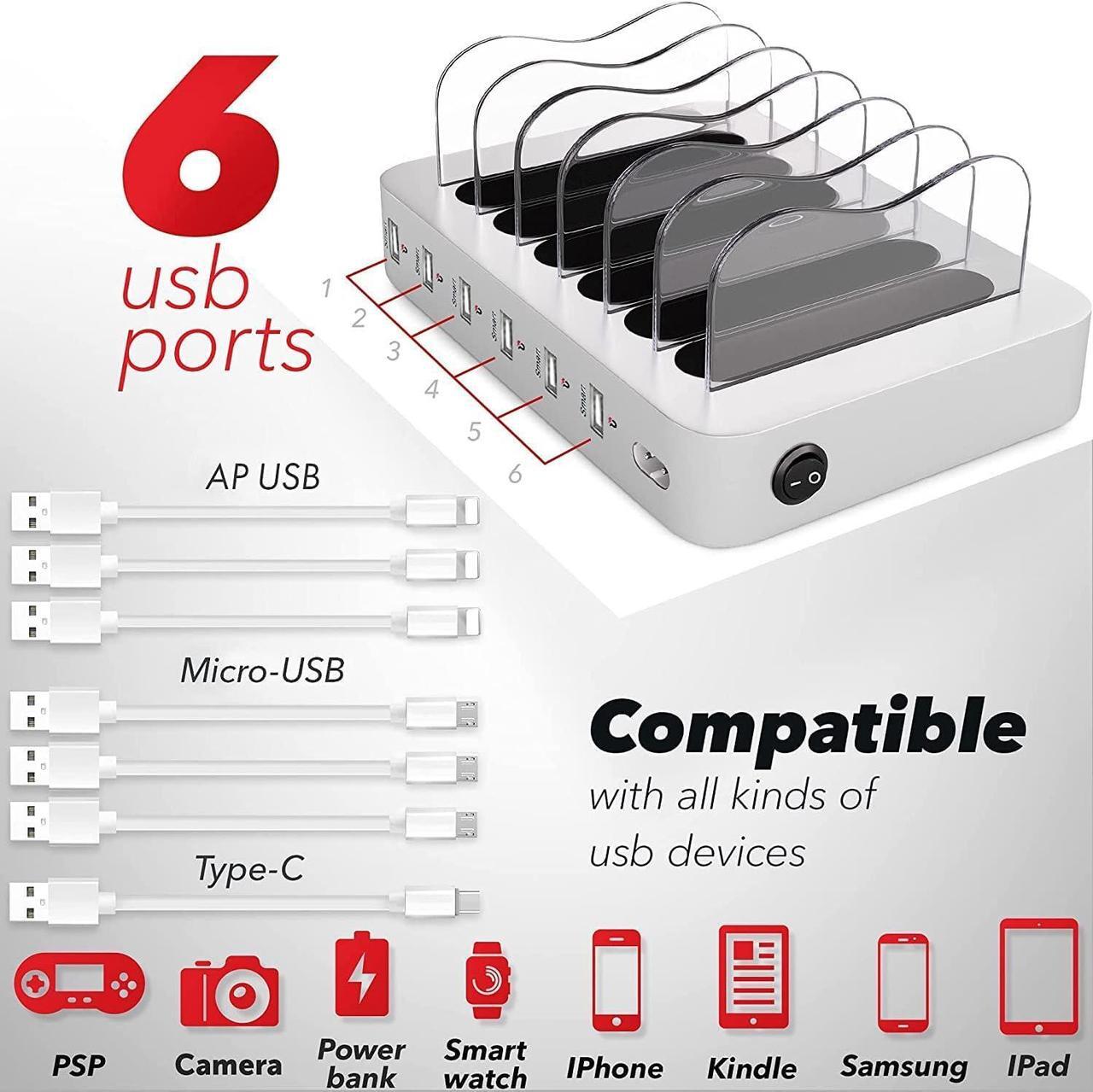 Alt view image 2 of 7 - USB Charging Dock - 6-Port - Fast Charging Station for Multiple Devices Apple - Multi Phone Charger Station - Charging Station - for Apple iPad iPhone and Android Cell Phone and Tablet