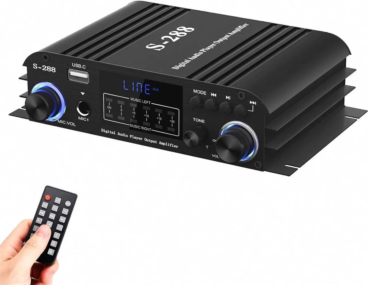 Main image of Facmogu S-288 4 CH Bluetooth 5.0 Home Audio Amplifier, RMS 45Wx4, Max 600W HiFi Stereo Power Amplifier USB, SD, FM Class D Speaker Amp for Home Theater Karaoke, with Power Adapter & Remote Control
