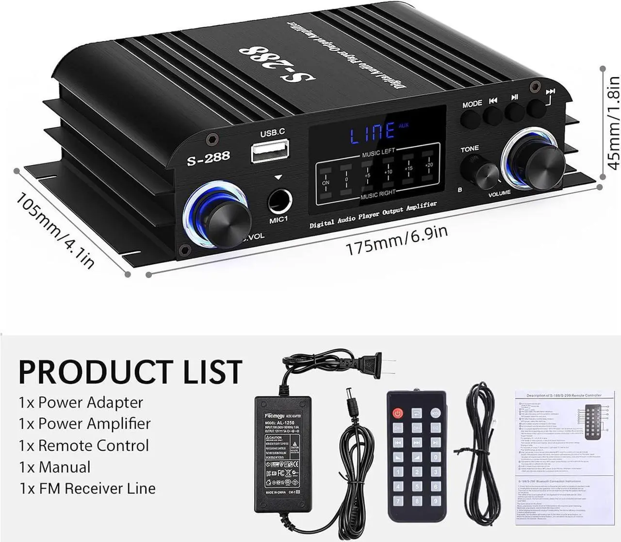Alt view image 7 of 7 - Facmogu S-288 4 CH Bluetooth 5.0 Home Audio Amplifier, RMS 45Wx4, Max 600W HiFi Stereo Power Amplifier USB, SD, FM Class D Speaker Amp for Home Theater Karaoke, with Power Adapter & Remote Control