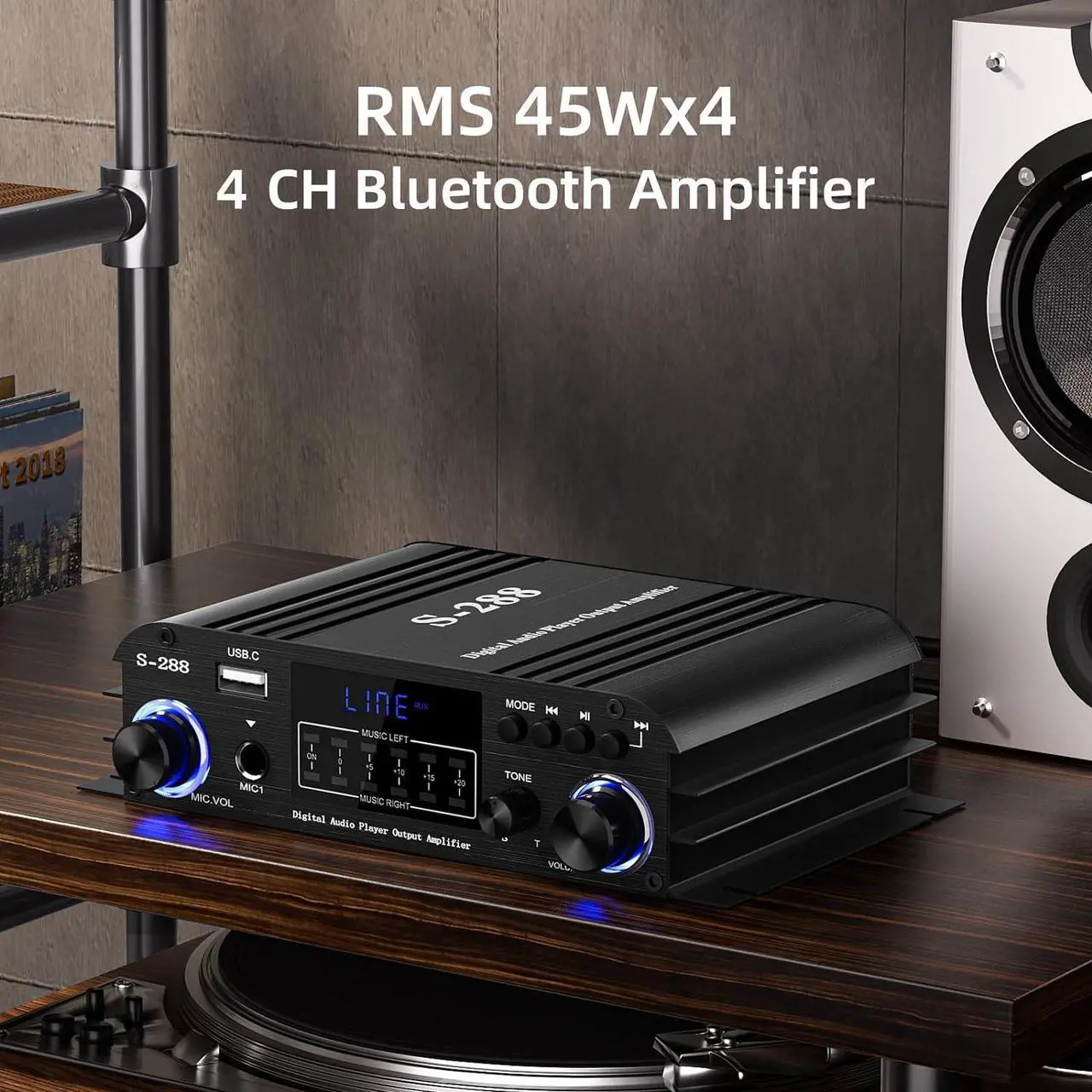 Alt view image 4 of 7 - Facmogu S-288 4 CH Bluetooth 5.0 Home Audio Amplifier, RMS 45Wx4, Max 600W HiFi Stereo Power Amplifier USB, SD, FM Class D Speaker Amp for Home Theater Karaoke, with Power Adapter & Remote Control