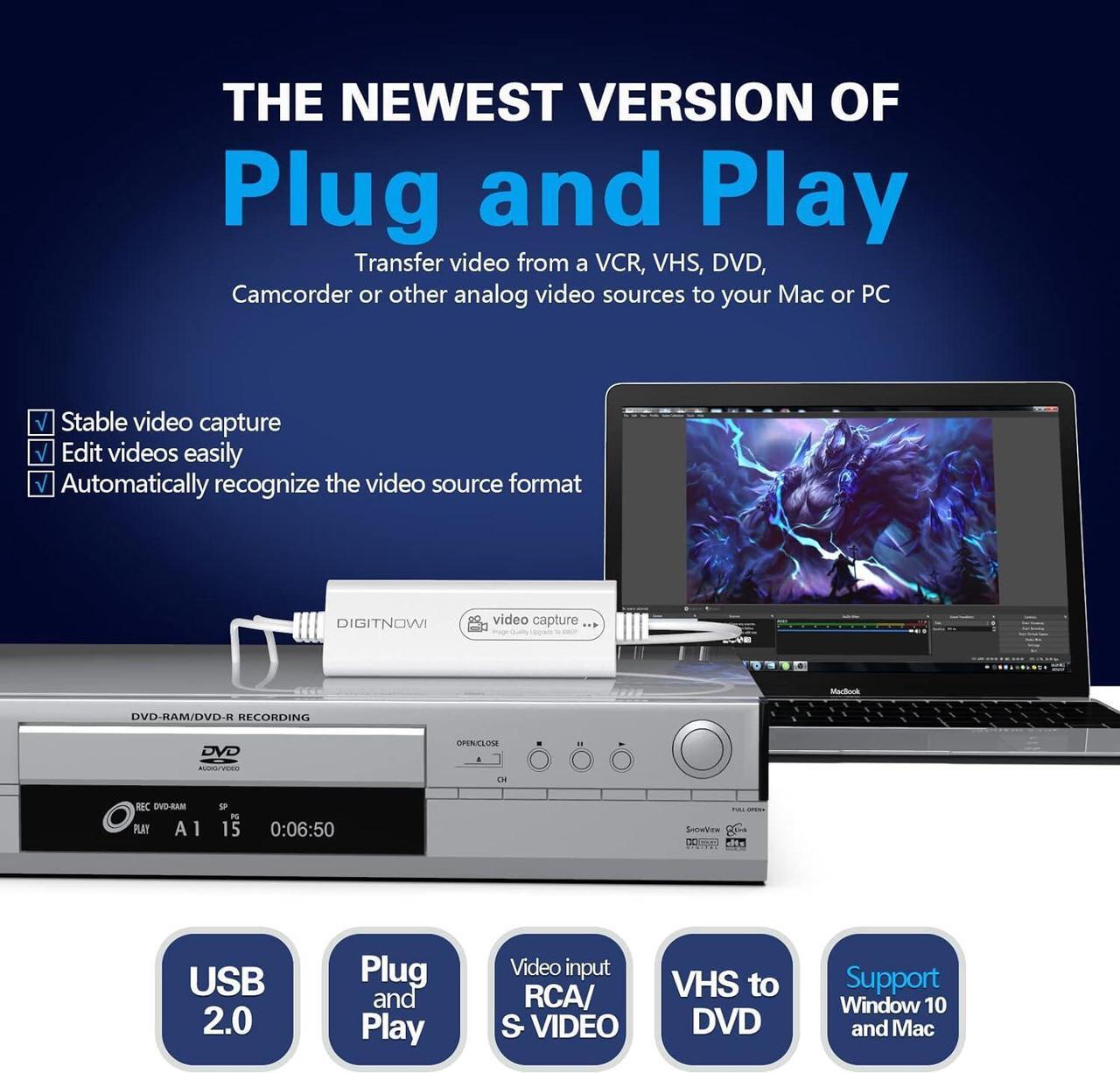 Alt view image 2 of 7 - 4K USB 2.0 Video Capture Card- Pro+ Version VHS to Digital Converter 1080P 30Hz, Suitable for Mac OS,Android, WinXP/7/8/10 One Touch VHS VCR TV to DVD