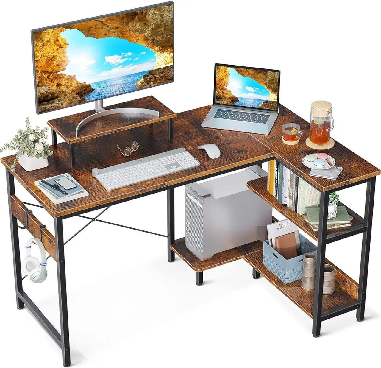 Main image of Computer Desk with Storage Shelves, 47 inch L-Shaped Corner Desk with Monitor Stand for Small Space, Modern Simple Writing Study Table for Home Office, Rustic Brown