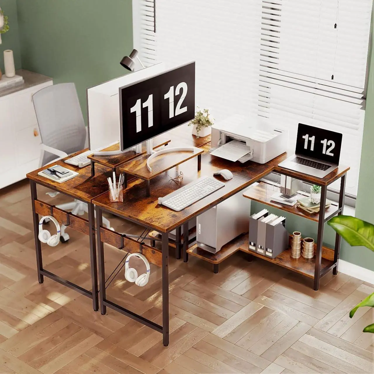 Alt view image 4 of 7 - Computer Desk with Storage Shelves, 47 inch L-Shaped Corner Desk with Monitor Stand for Small Space, Modern Simple Writing Study Table for Home Office, Rustic Brown