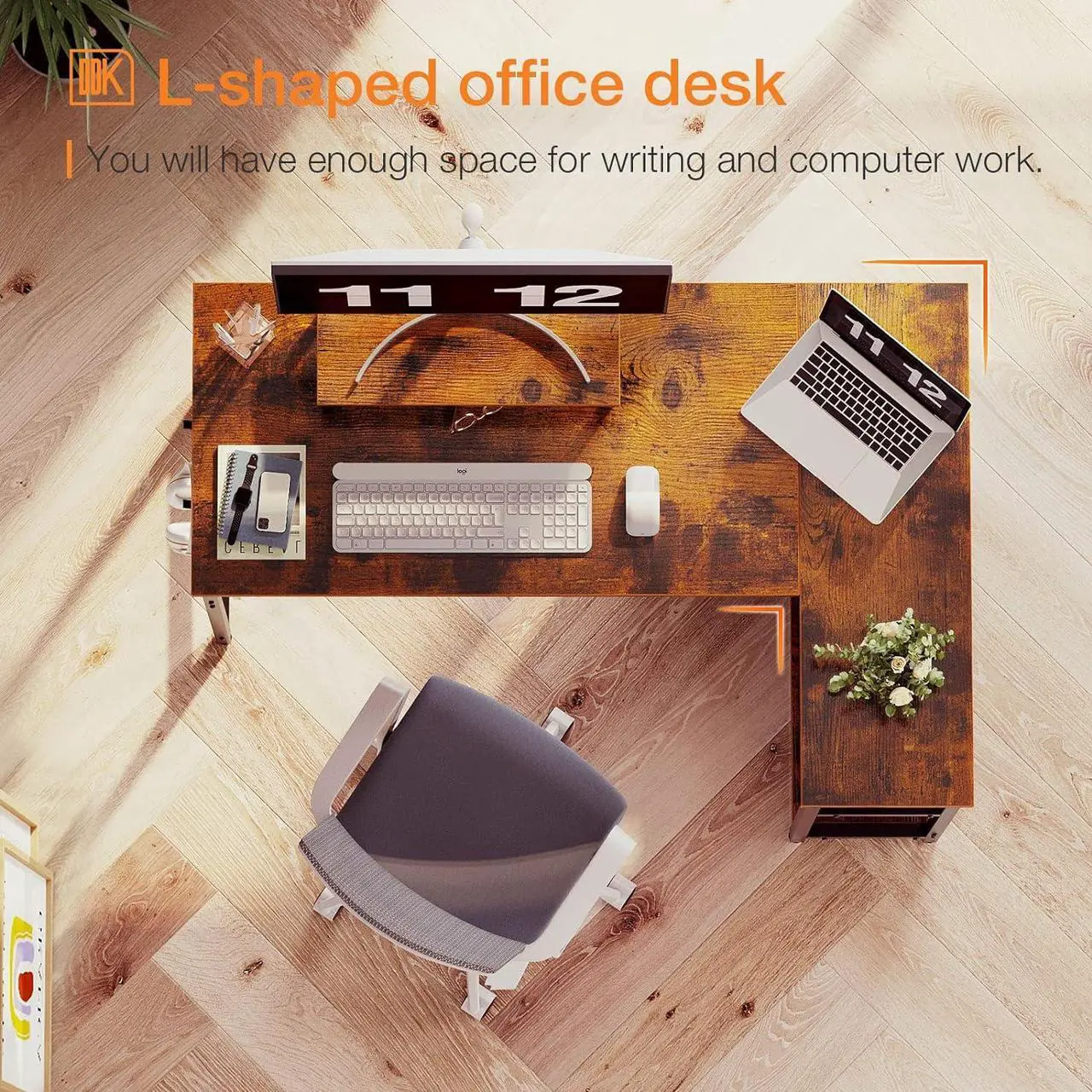 Alt view image 5 of 7 - Computer Desk with Storage Shelves, 47 inch L-Shaped Corner Desk with Monitor Stand for Small Space, Modern Simple Writing Study Table for Home Office, Rustic Brown