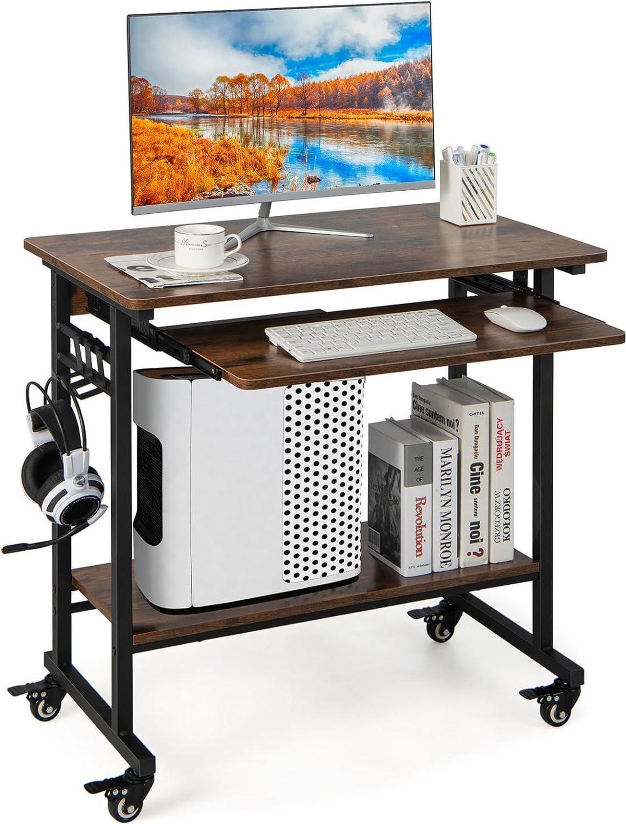 Main image of Rolling Computer Desk Cart with Keyboard Tray, Mobile Portable Laptop PC Desk with CPU Stand & 3 Hooks for Sofa & Bed, Industrial Small Desk on Wheels for Small Spaces, Home Office Desk