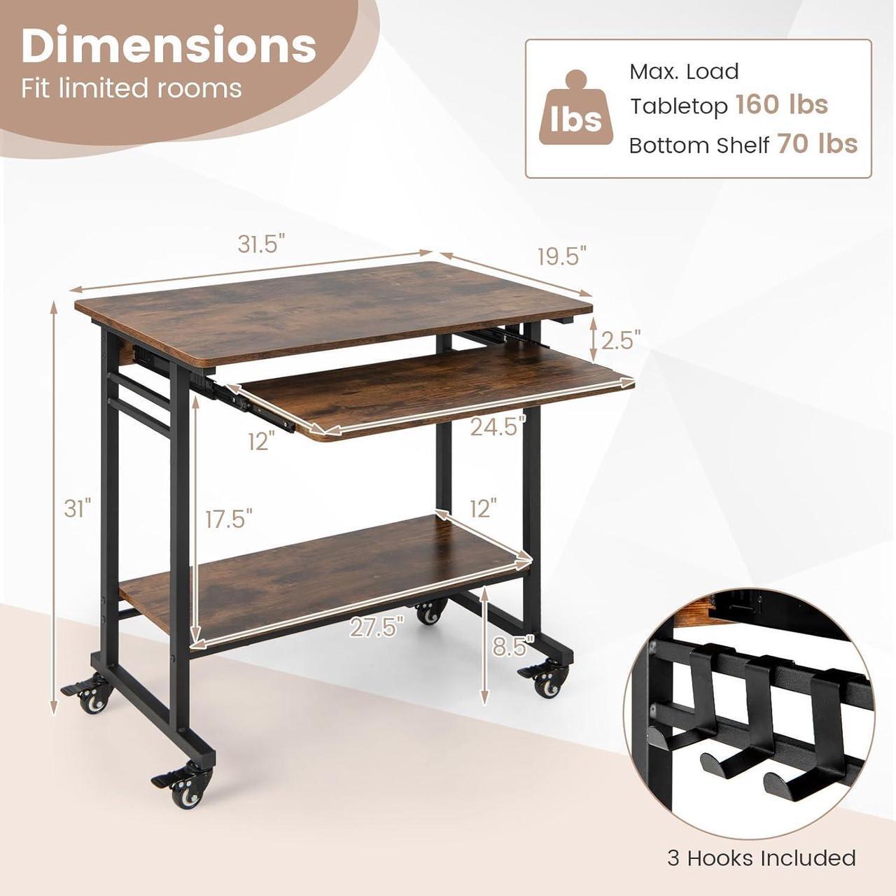 Alt view image 3 of 7 - Rolling Computer Desk Cart with Keyboard Tray, Mobile Portable Laptop PC Desk with CPU Stand & 3 Hooks for Sofa & Bed, Industrial Small Desk on Wheels for Small Spaces, Home Office Desk