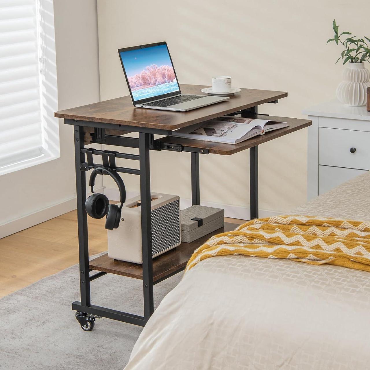 Alt view image 5 of 7 - Rolling Computer Desk Cart with Keyboard Tray, Mobile Portable Laptop PC Desk with CPU Stand & 3 Hooks for Sofa & Bed, Industrial Small Desk on Wheels for Small Spaces, Home Office Desk