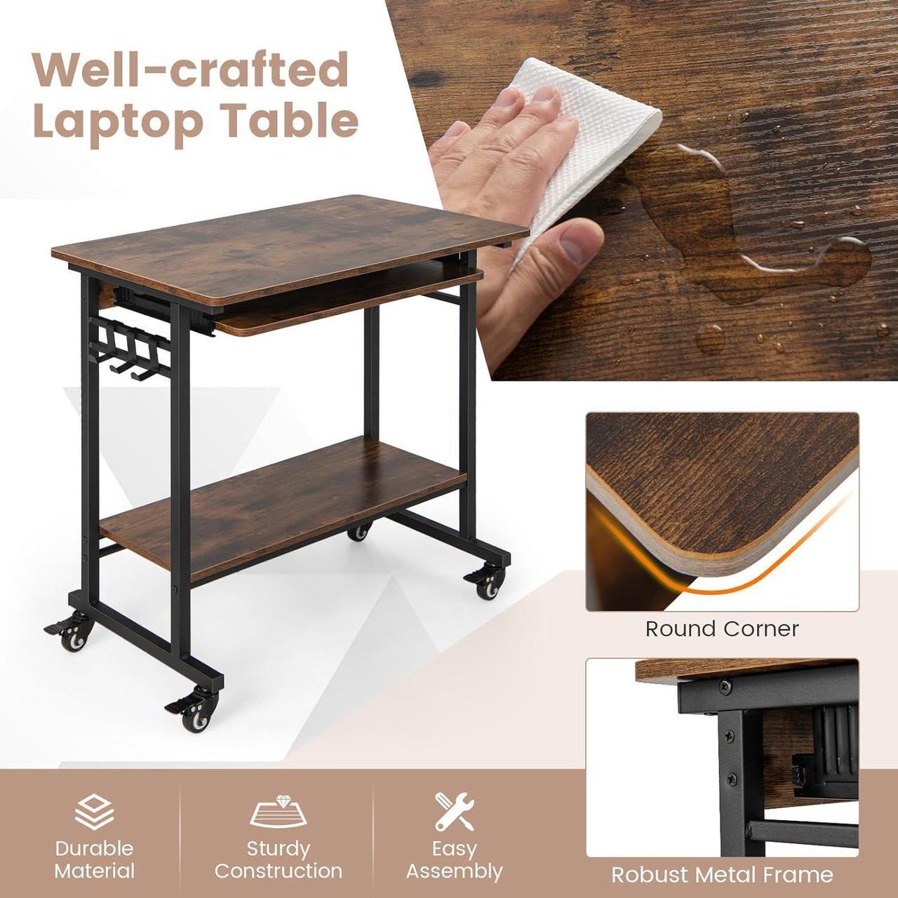 Alt view image 7 of 7 - Rolling Computer Desk Cart with Keyboard Tray, Mobile Portable Laptop PC Desk with CPU Stand & 3 Hooks for Sofa & Bed, Industrial Small Desk on Wheels for Small Spaces, Home Office Desk