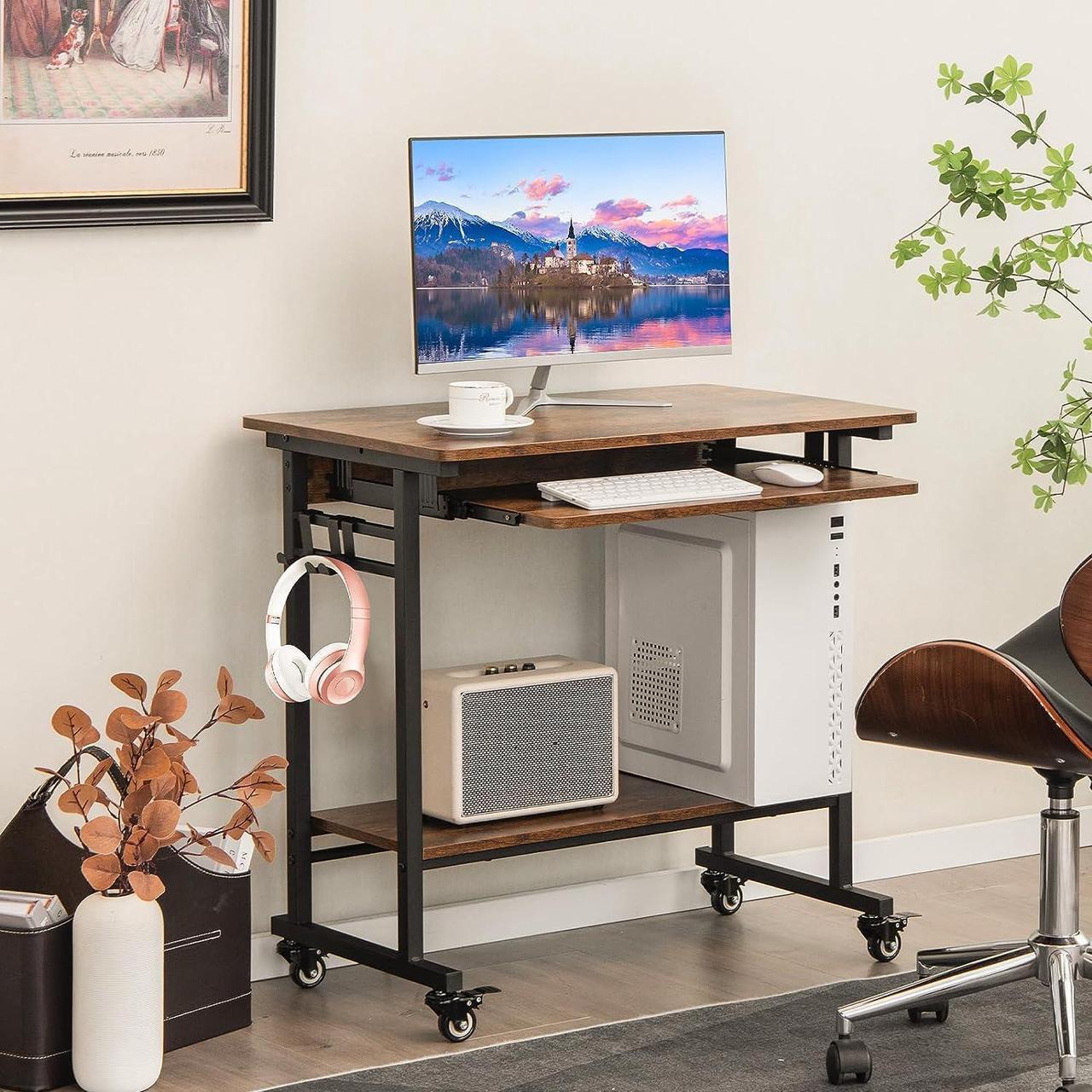 Alt view image 4 of 7 - Rolling Computer Desk Cart with Keyboard Tray, Mobile Portable Laptop PC Desk with CPU Stand & 3 Hooks for Sofa & Bed, Industrial Small Desk on Wheels for Small Spaces, Home Office Desk