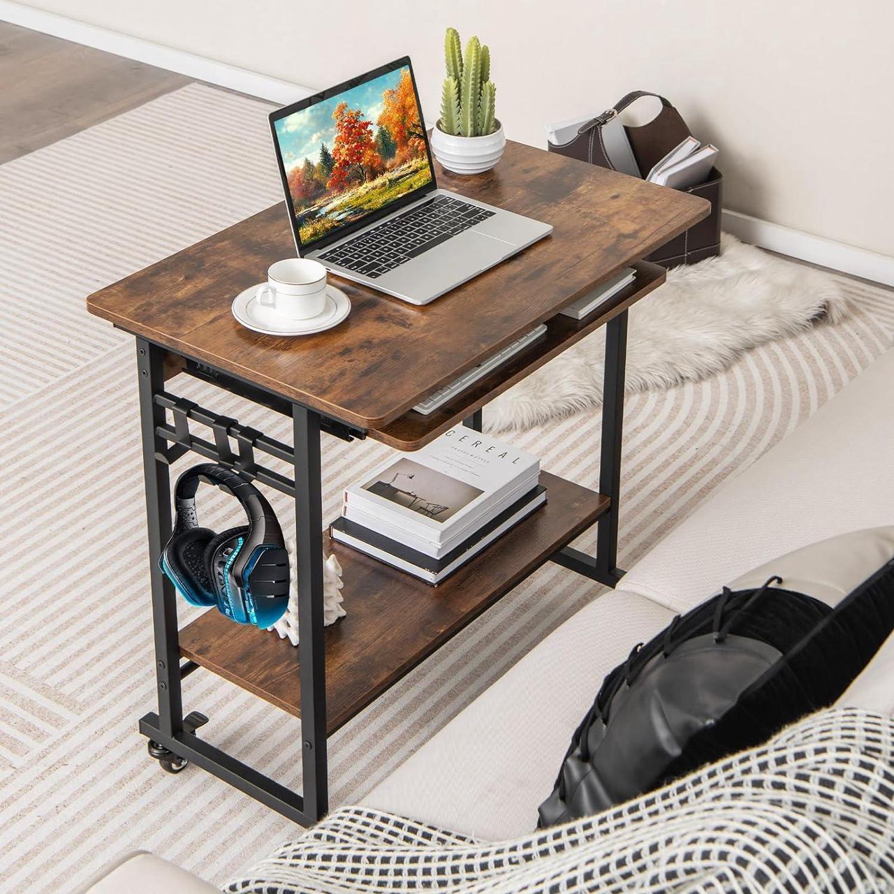 Alt view image 2 of 7 - Rolling Computer Desk Cart with Keyboard Tray, Mobile Portable Laptop PC Desk with CPU Stand & 3 Hooks for Sofa & Bed, Industrial Small Desk on Wheels for Small Spaces, Home Office Desk