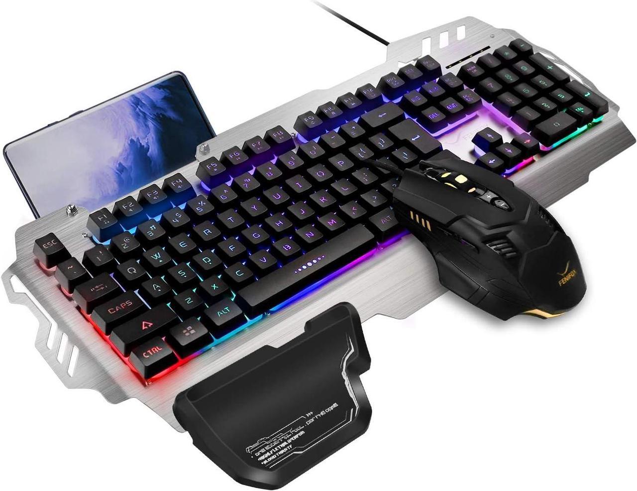 Gaming Keyboard and Mouse, Wired Backlit Rainbow Ergonomic Mechanical Feeling Led Removable Hand Rest Metal Panel,for Windows PC Gamer PS4 Xbox one