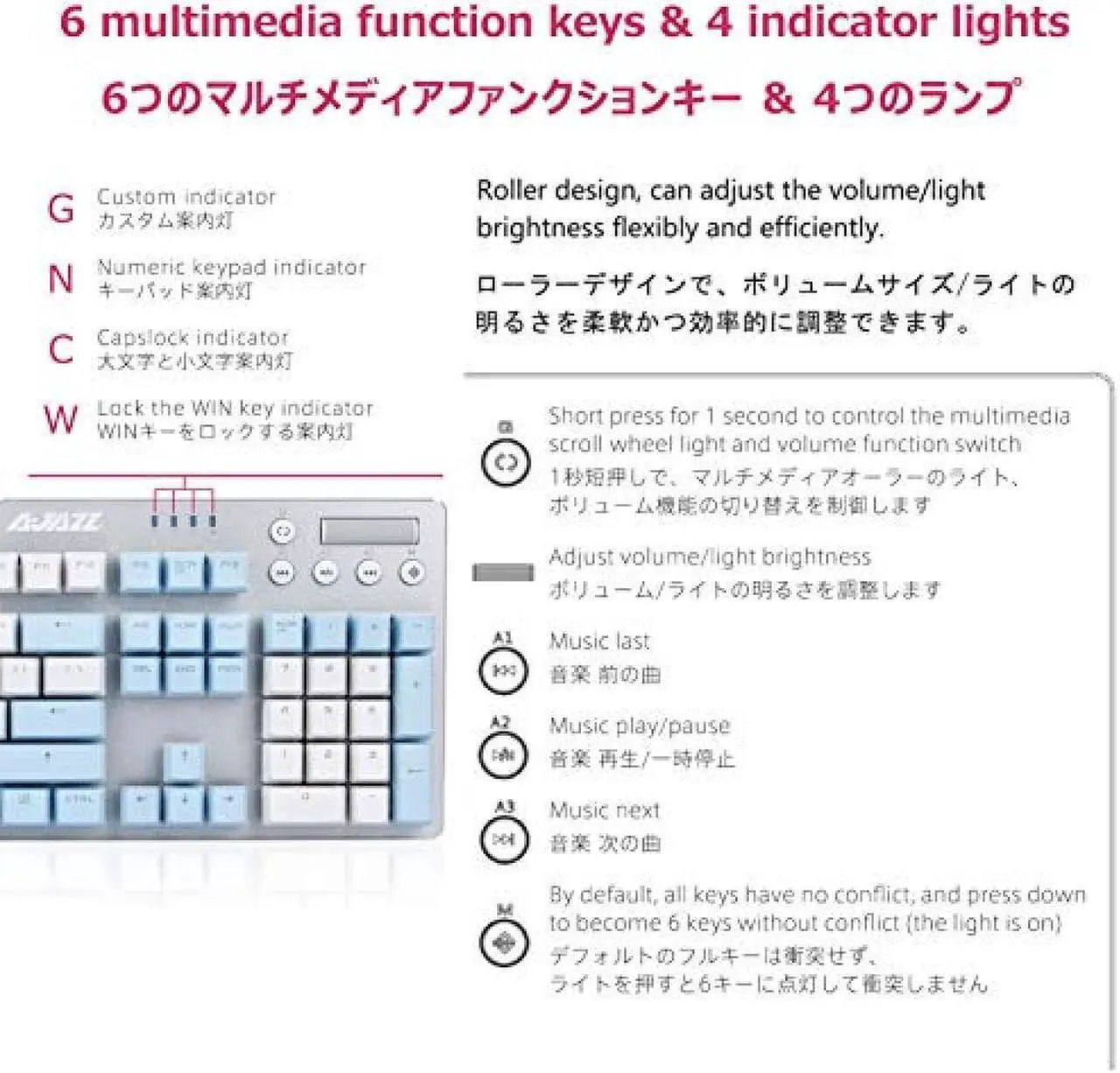 Alt view image 2 of 7 - Ajazz AK35i Mechanical Keyboard Wired Gaming Keyboard White Backlight 2 Colors PBT Buttons Cute Female Keyboard English Keyboard 104 Keys (White & Sky Blue-Black)