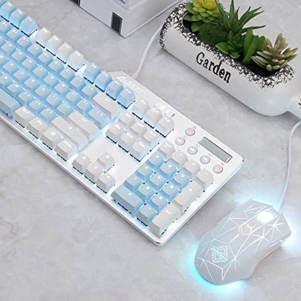 Alt view image 4 of 7 - Ajazz AK35i Mechanical Keyboard Wired Gaming Keyboard White Backlight 2 Colors PBT Buttons Cute Female Keyboard English Keyboard 104 Keys (White & Sky Blue-Black)
