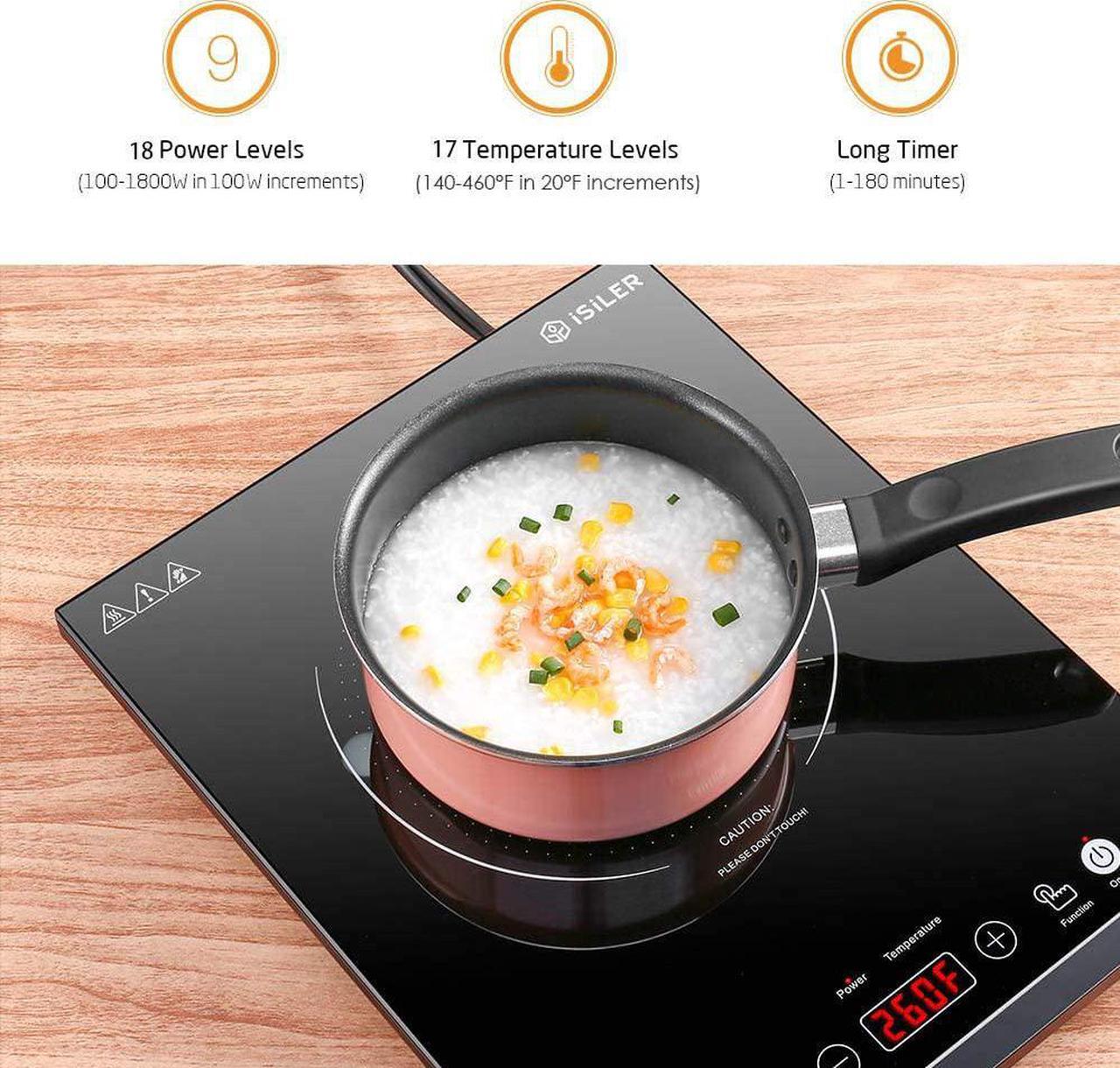 Alt view image 2 of 7 - Portable Induction Cooktop, iSiLER 1800W Sensor Touch Electric Induction Cooker Hot Plate with Kids Safety Lock, 6.7" Heating Coil, 18 Power 17 Temperature Setting Countertop Burner with Timer