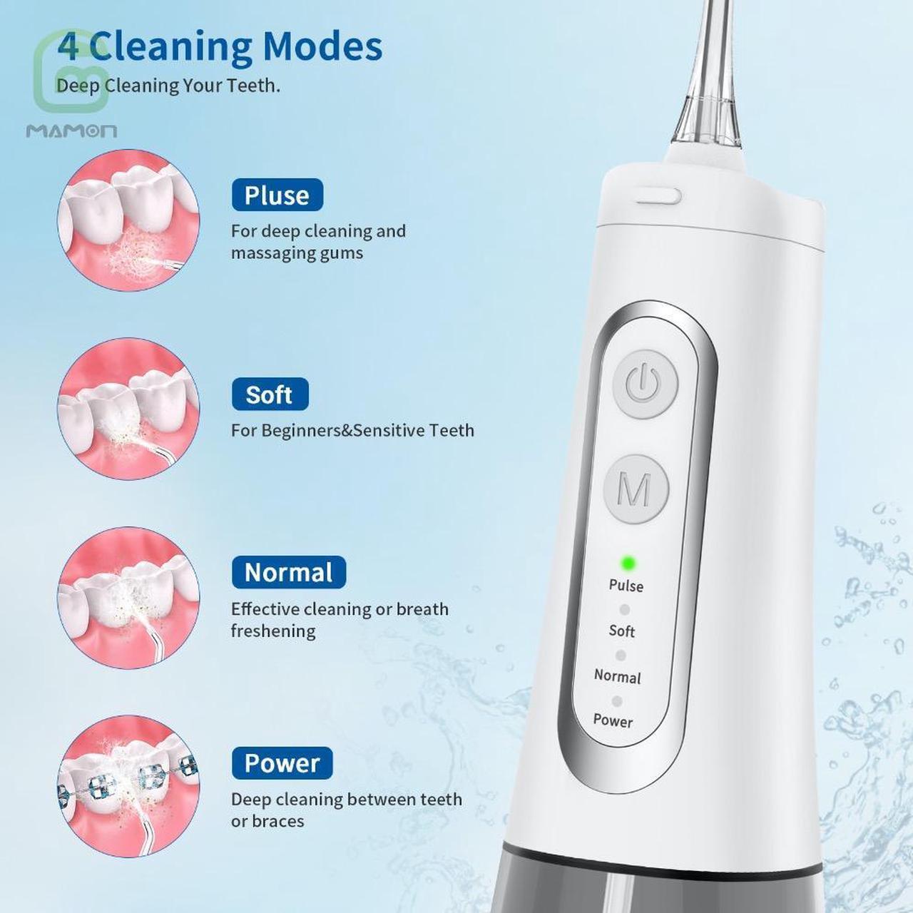Alt view image 2 of 7 - MAMONCARE Water Flosser Portable Dental Oral Irrigator with 5 Modes, 6 Replaceable Jet Tips, Rechargeable Waterproof Teeth Cleaner for Home and Travel -300ml Detachable Reservoir